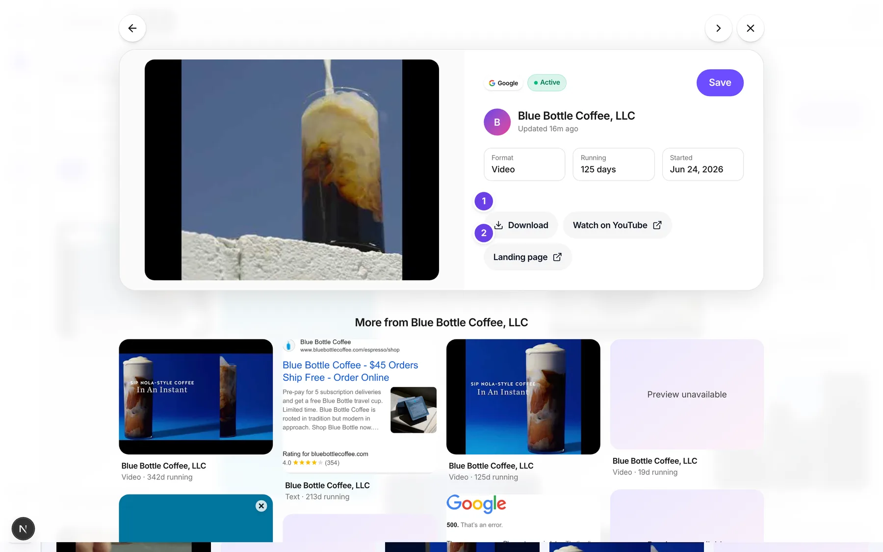 An opened competitor ad with the Download, Landing page, Save to creative library and Recreate and boost buttons.
