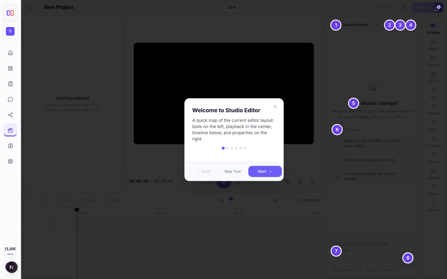 The AI Editor chat panel with the model menu, Past chats, AI settings, New chat, the suggestions and the message box.