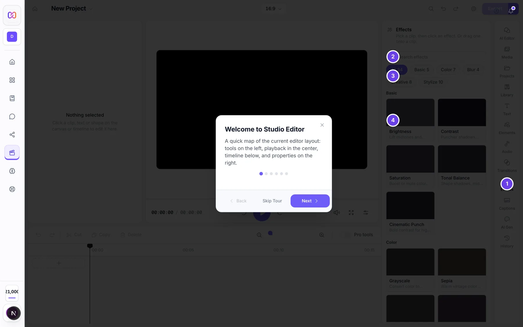 The Effects panel with the search box, the category buttons and the effect cards.