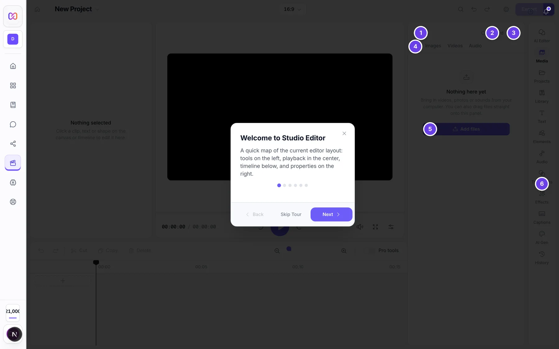 The Media panel of an empty project with the Record button, the sort button, the All, Images, Videos and Audio tabs and Add files.