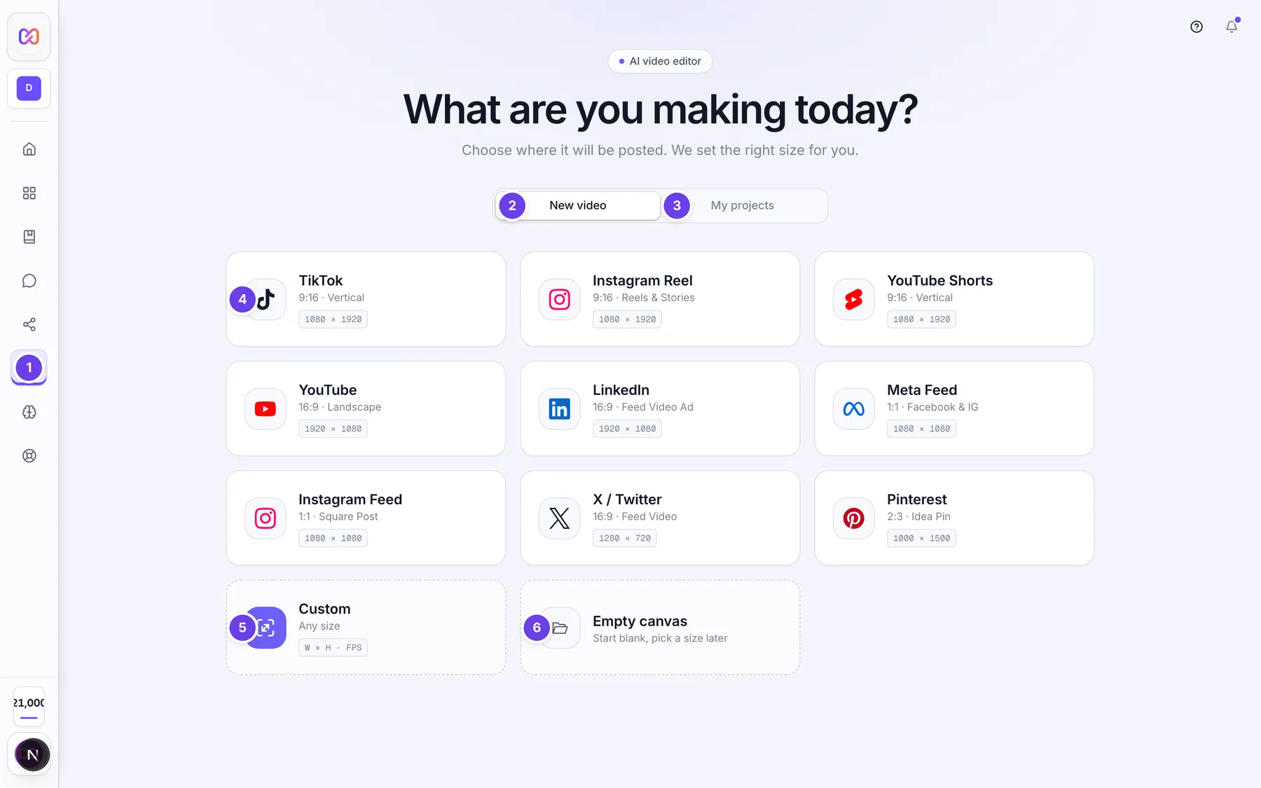 The AI Editor welcome screen with the New video and My projects tabs, the platform size cards, Custom and Empty canvas.