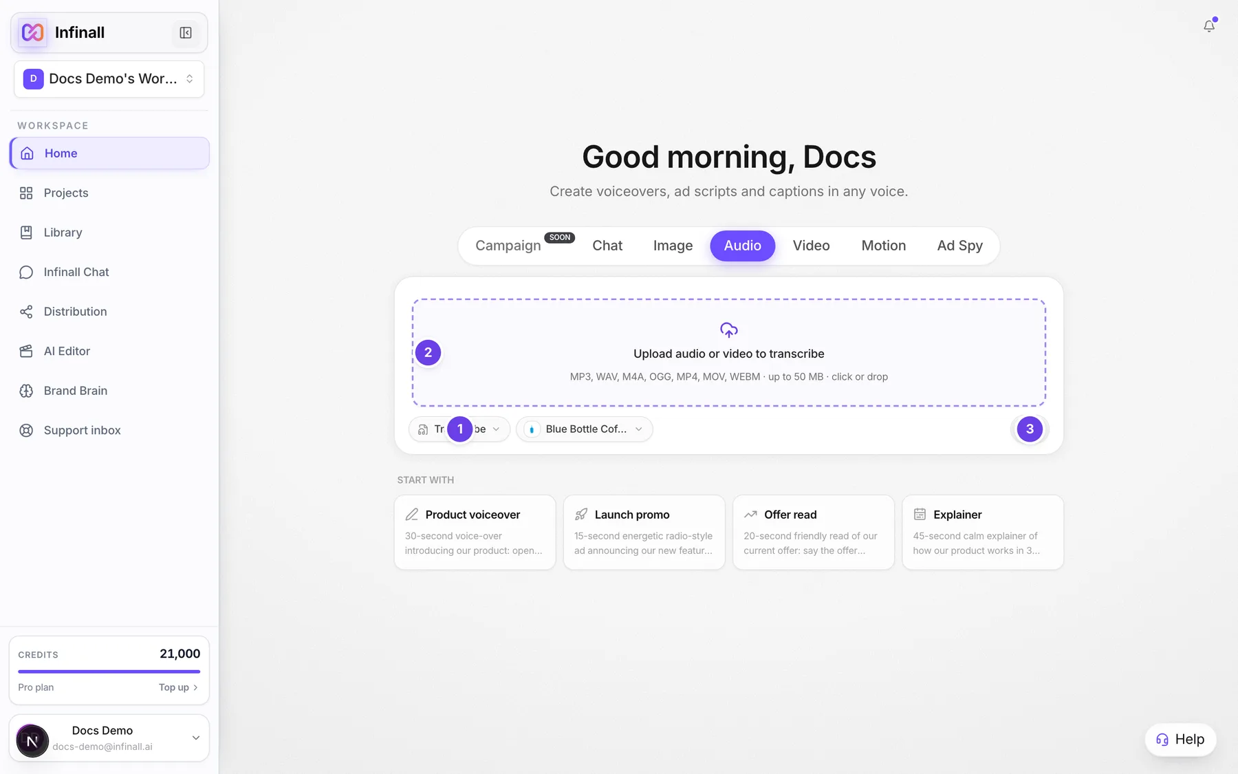 The Transcribe mode on Home with the upload area for audio or video files.