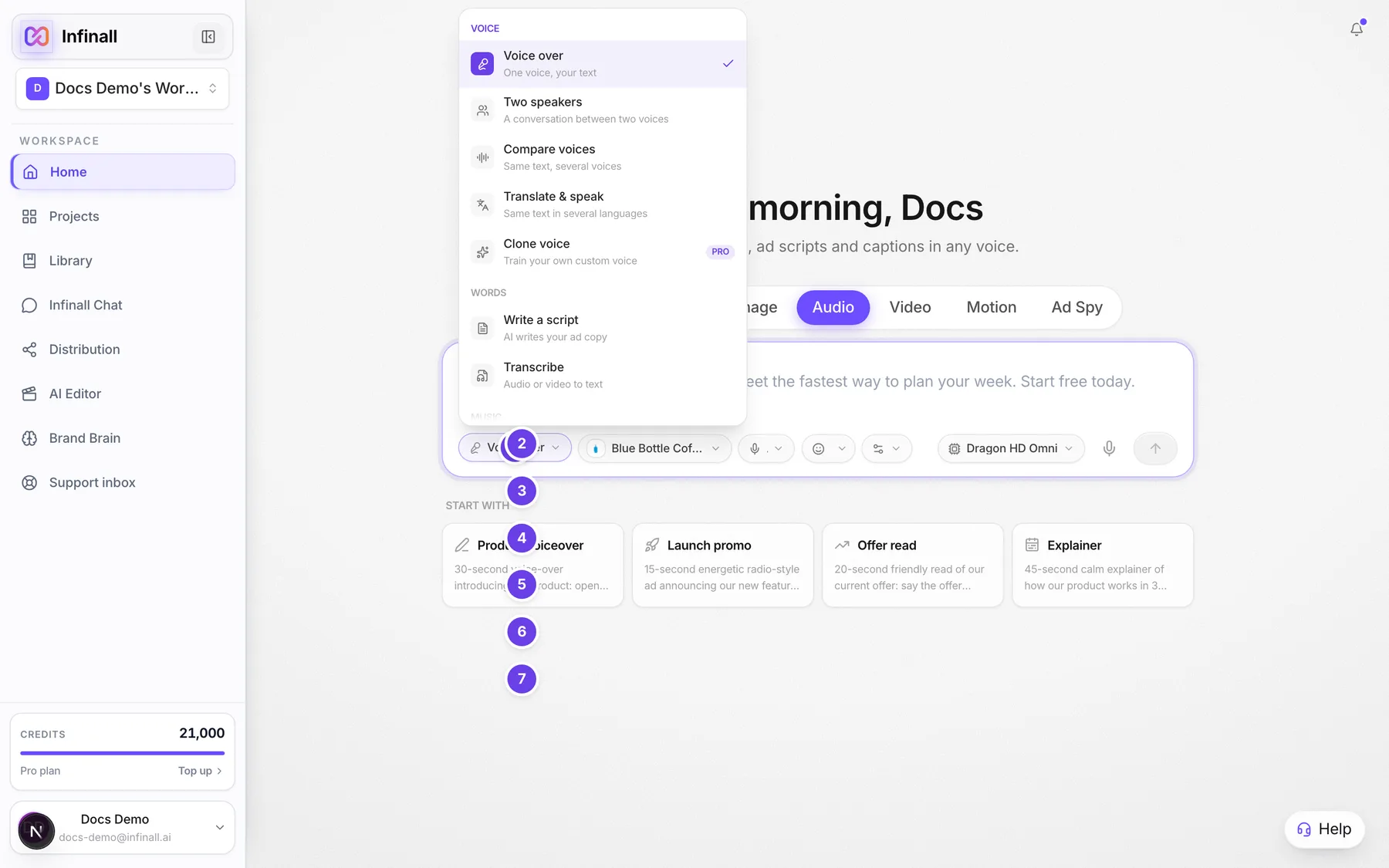 The audio mode list open on Home, showing the Music group with Music brief, Music track, Jingle, Song with vocals, Music from visual and Sound effect.