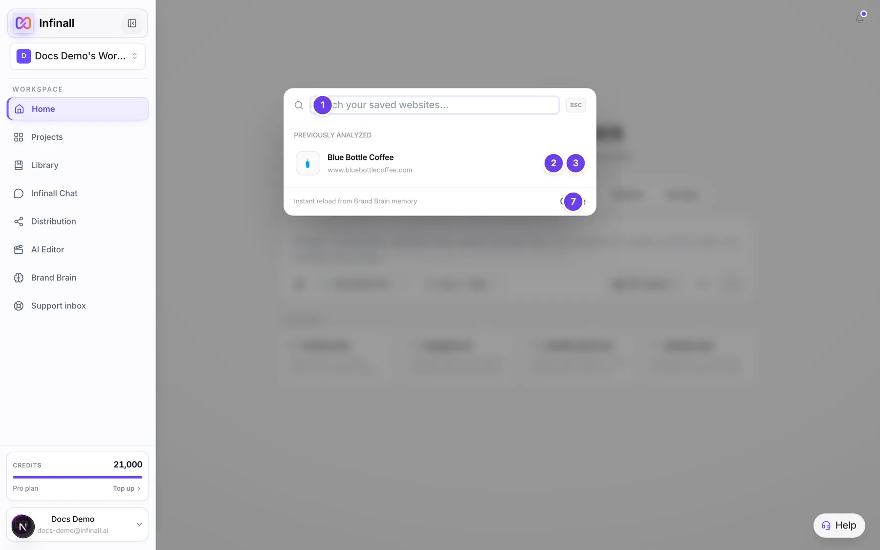 The Brand Brain window opened from Manage all, listing saved websites with Edit and Hide buttons.