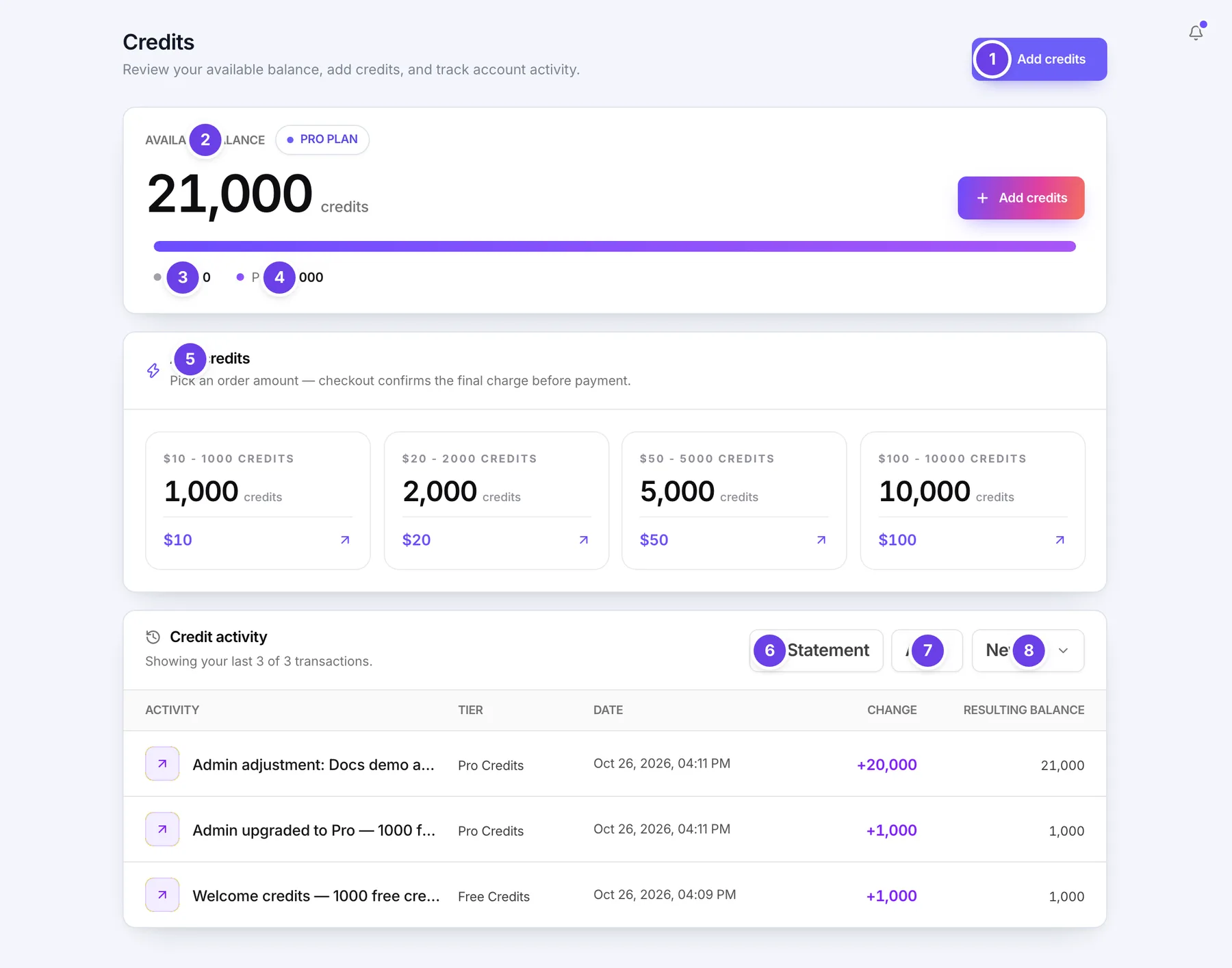 Credits screen in Settings with the available balance, the Free and Pro split, credit packs and credit activity