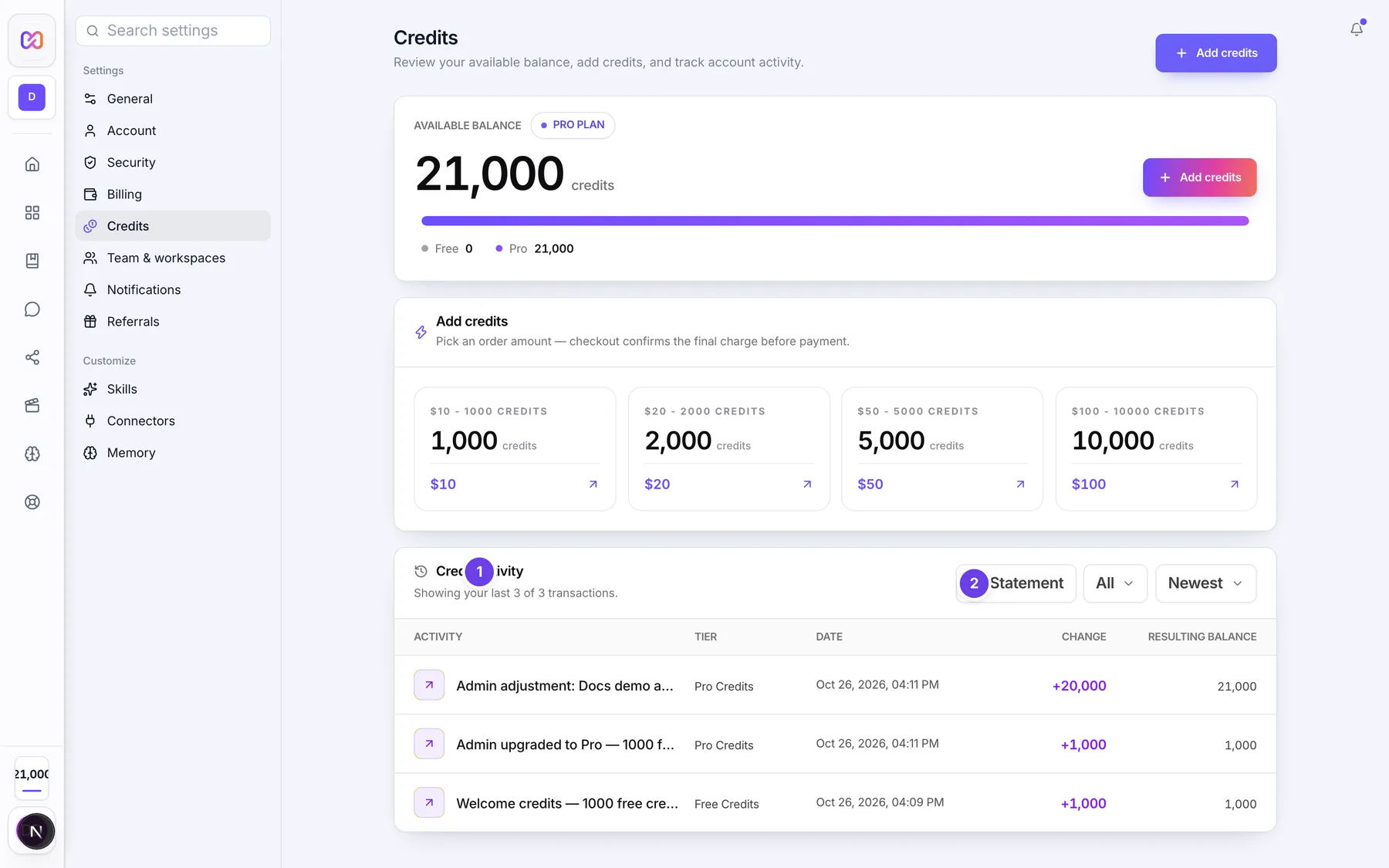 The Credit activity list and Statement button where charges and refunds show.