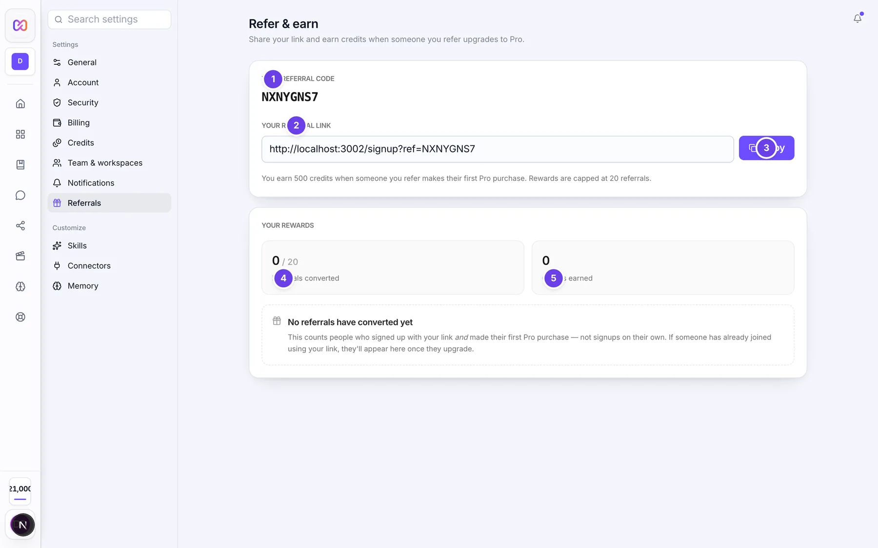 The Referrals screen with the referral code, link and rewards.