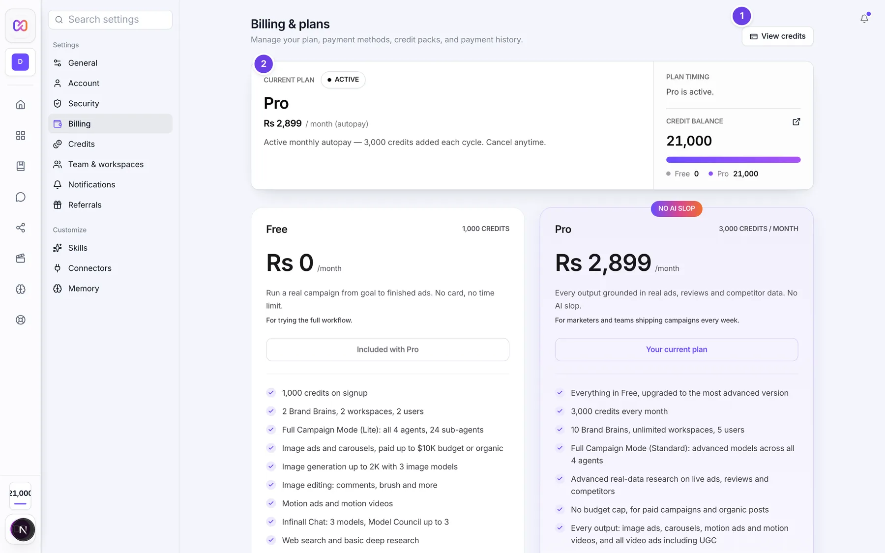 The Billing screen with the current plan, credit packs, payment history and payment methods.
