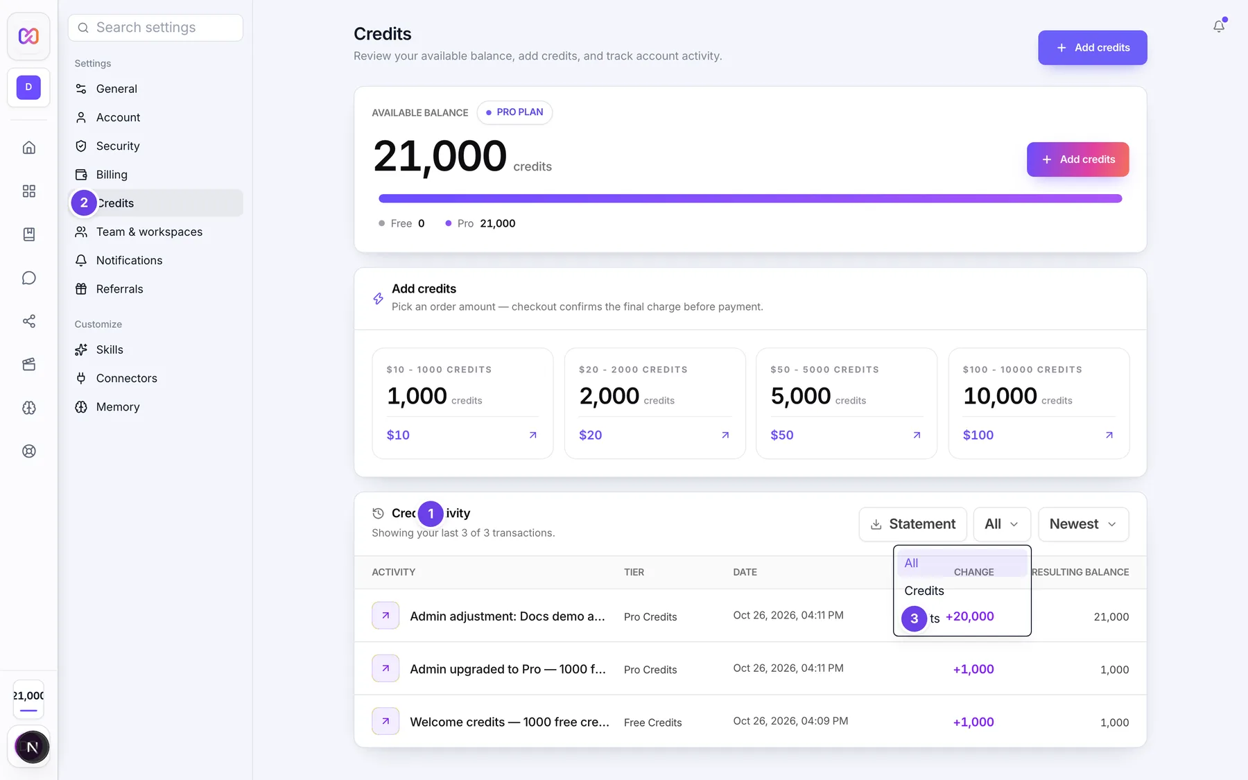 The Credit activity list with its All, Credits and Debits filters.