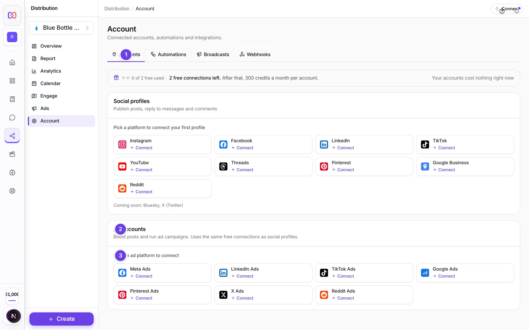 Account > Accounts scrolled to the Ad accounts section with the ad platform buttons