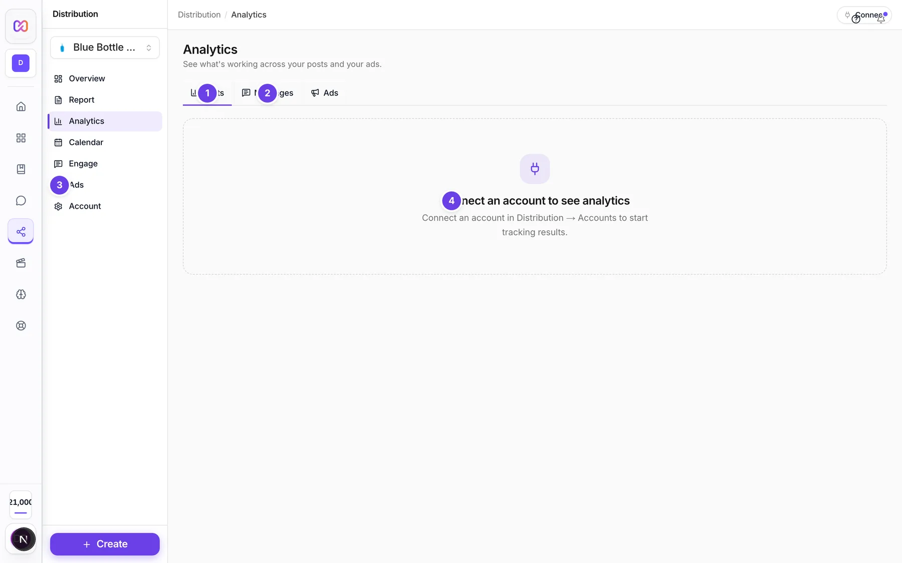 The Analytics page on the Posts tab with the Posts, Messages and Ads tab bar and the prompt to connect an account