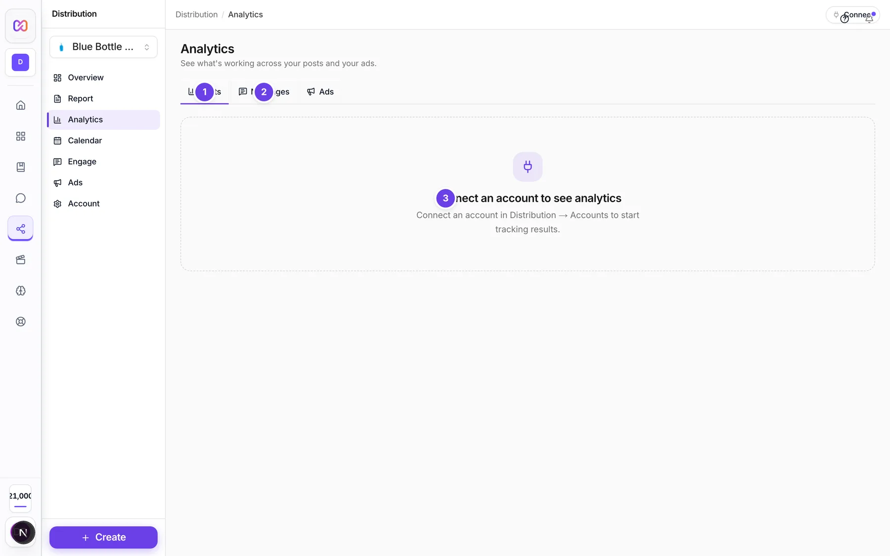 Analytics on the Posts tab showing the prompt to connect an account before charts appear