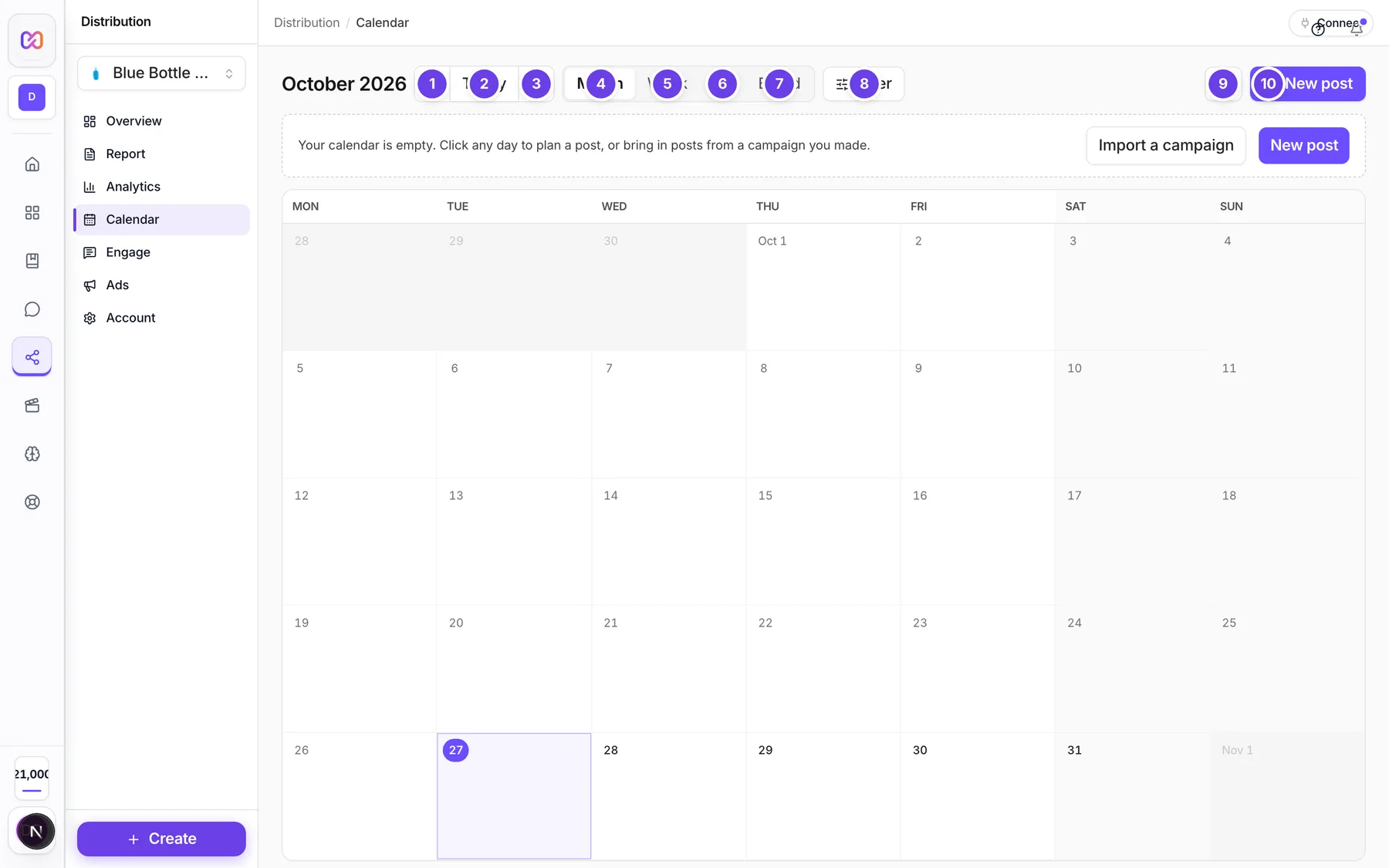 The Calendar in month view with the view tabs, Filter, More and New post