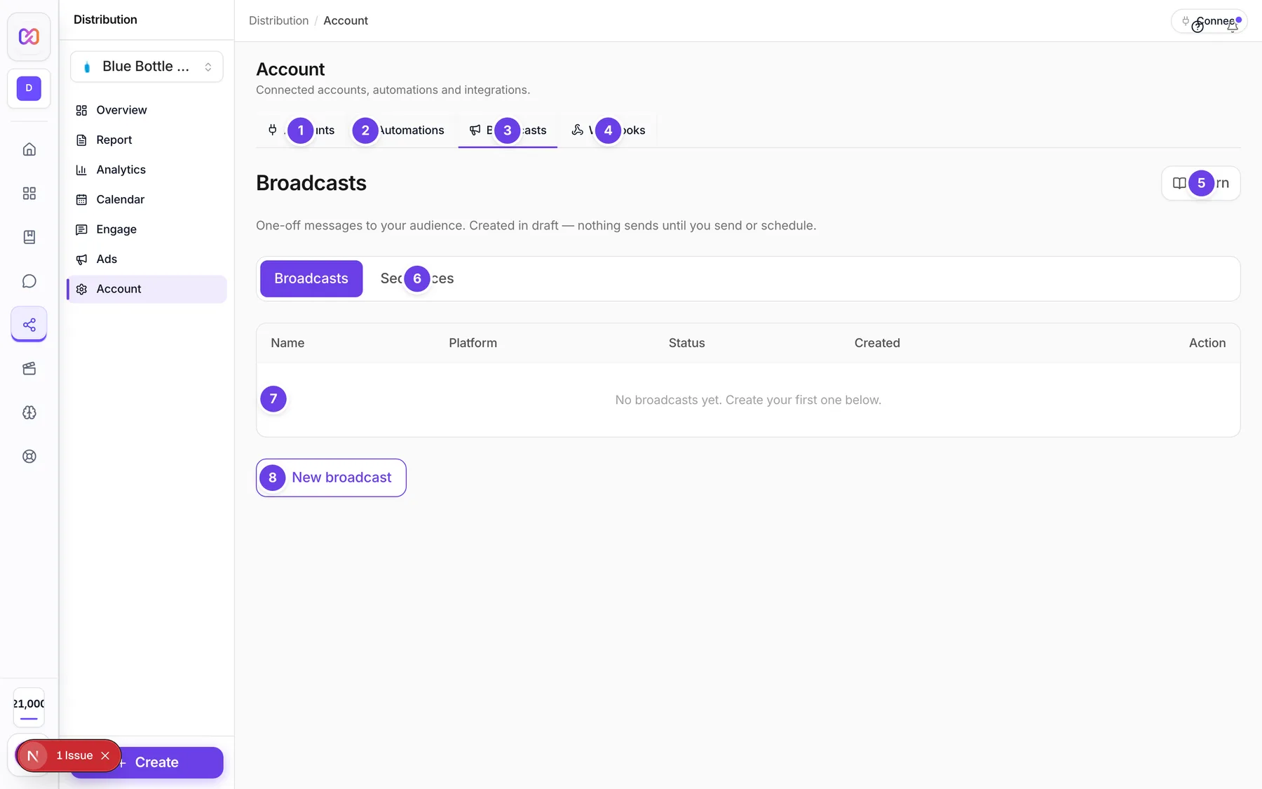 The Broadcasts tab inside Account with the tab bar, the Learn button, the Broadcasts and Sequences switch, the empty list and the New broadcast button
