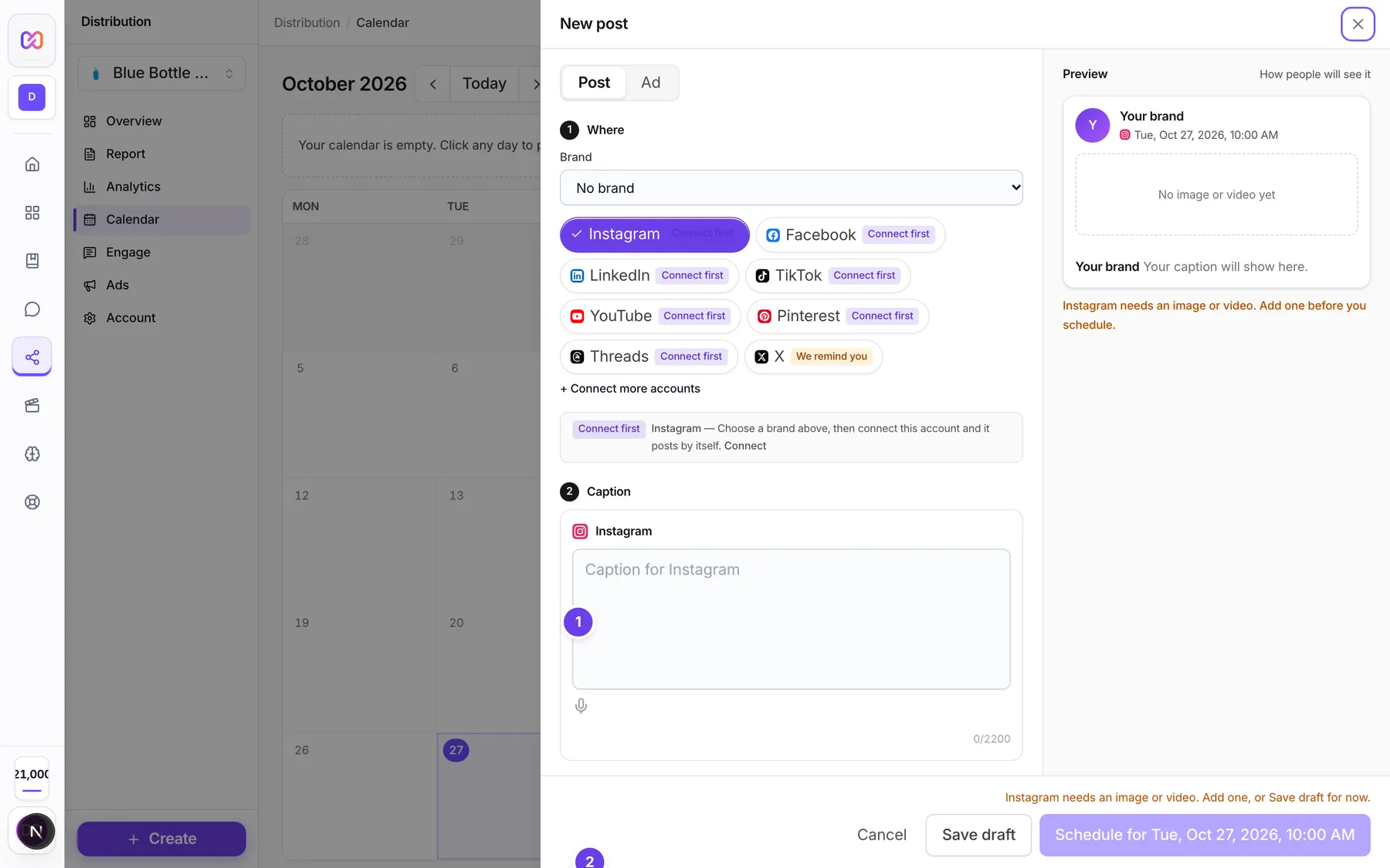 The new post composer with the caption box and its character counter and the Add image or video button