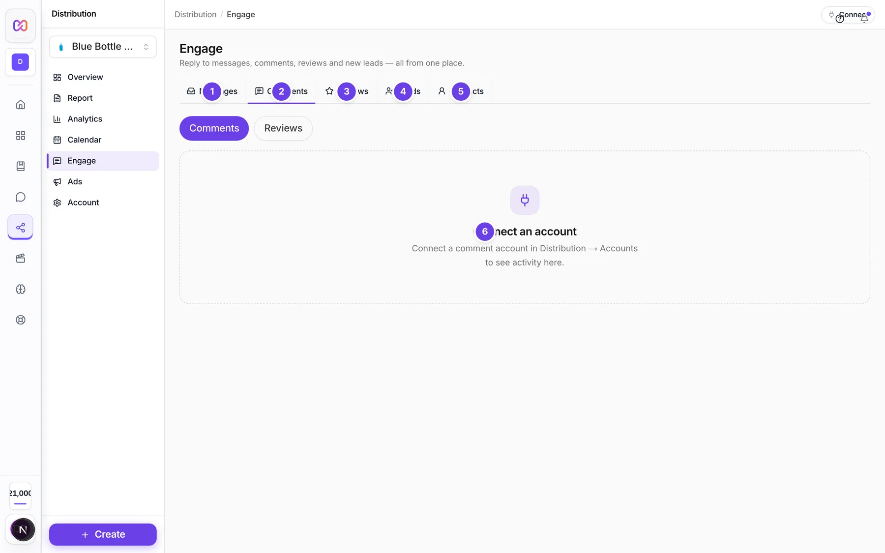 The Engage screen on the Comments tab with the tab bar and the prompt to connect an account