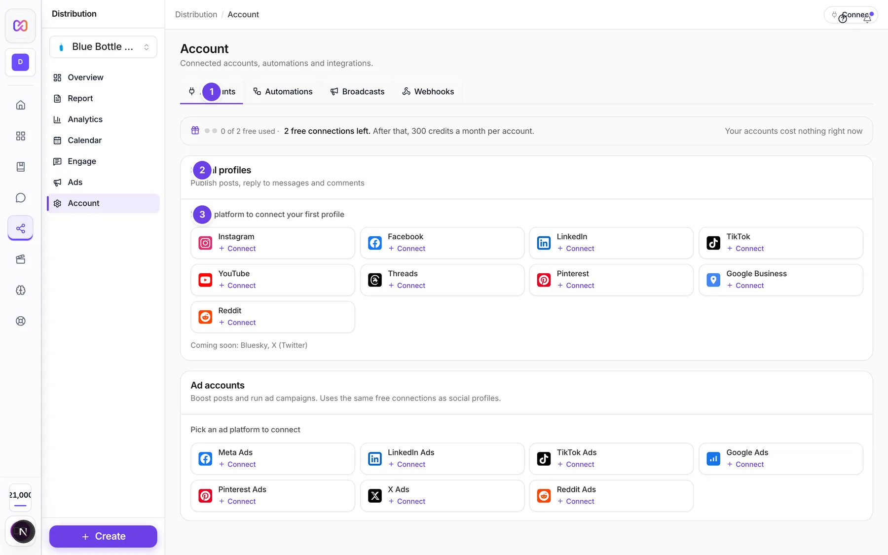 Account > Accounts with the Social profiles section and the row of platform buttons