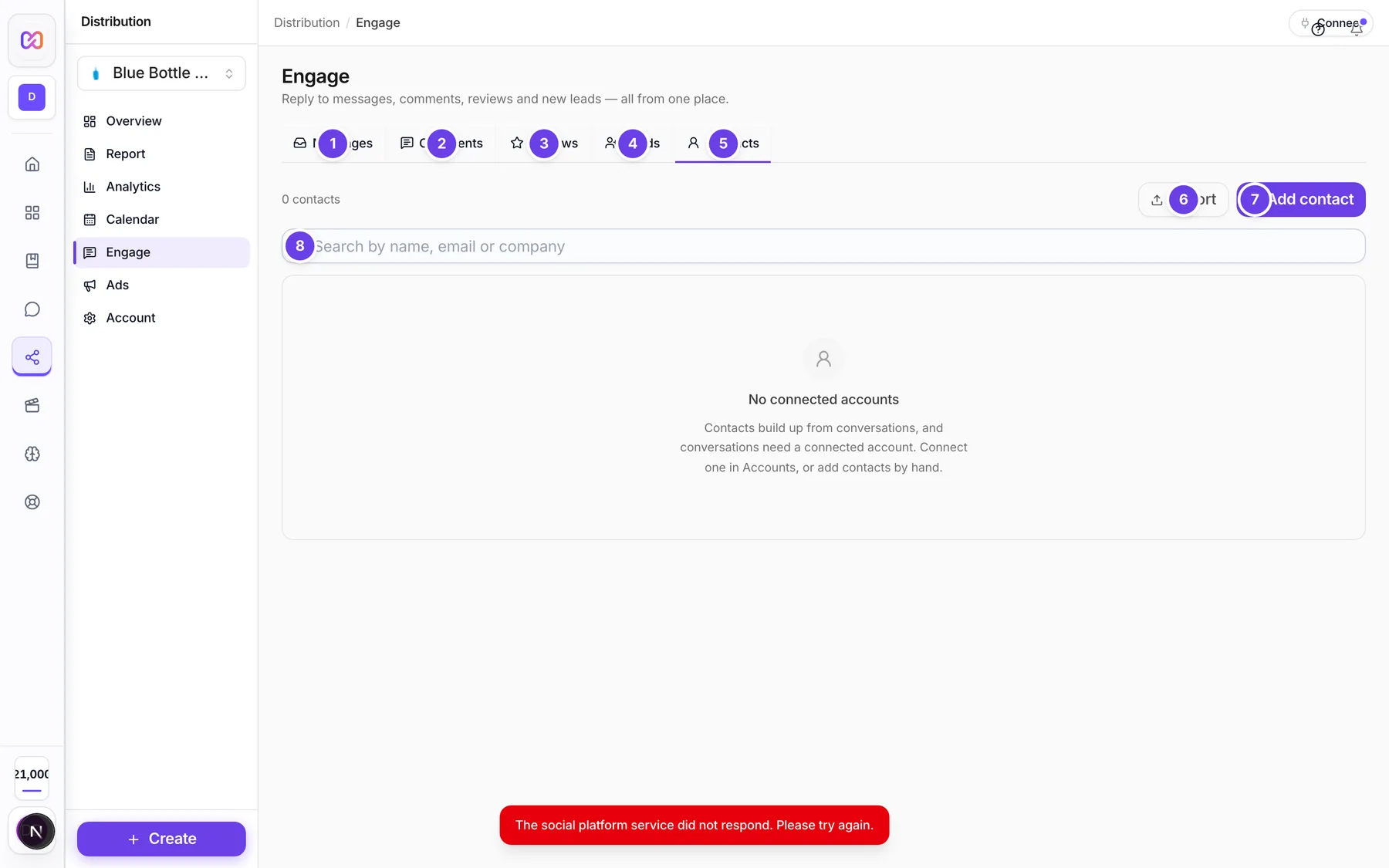 The Engage screen on the Contacts tab with the Import and Add contact buttons, the search box and the empty contact list