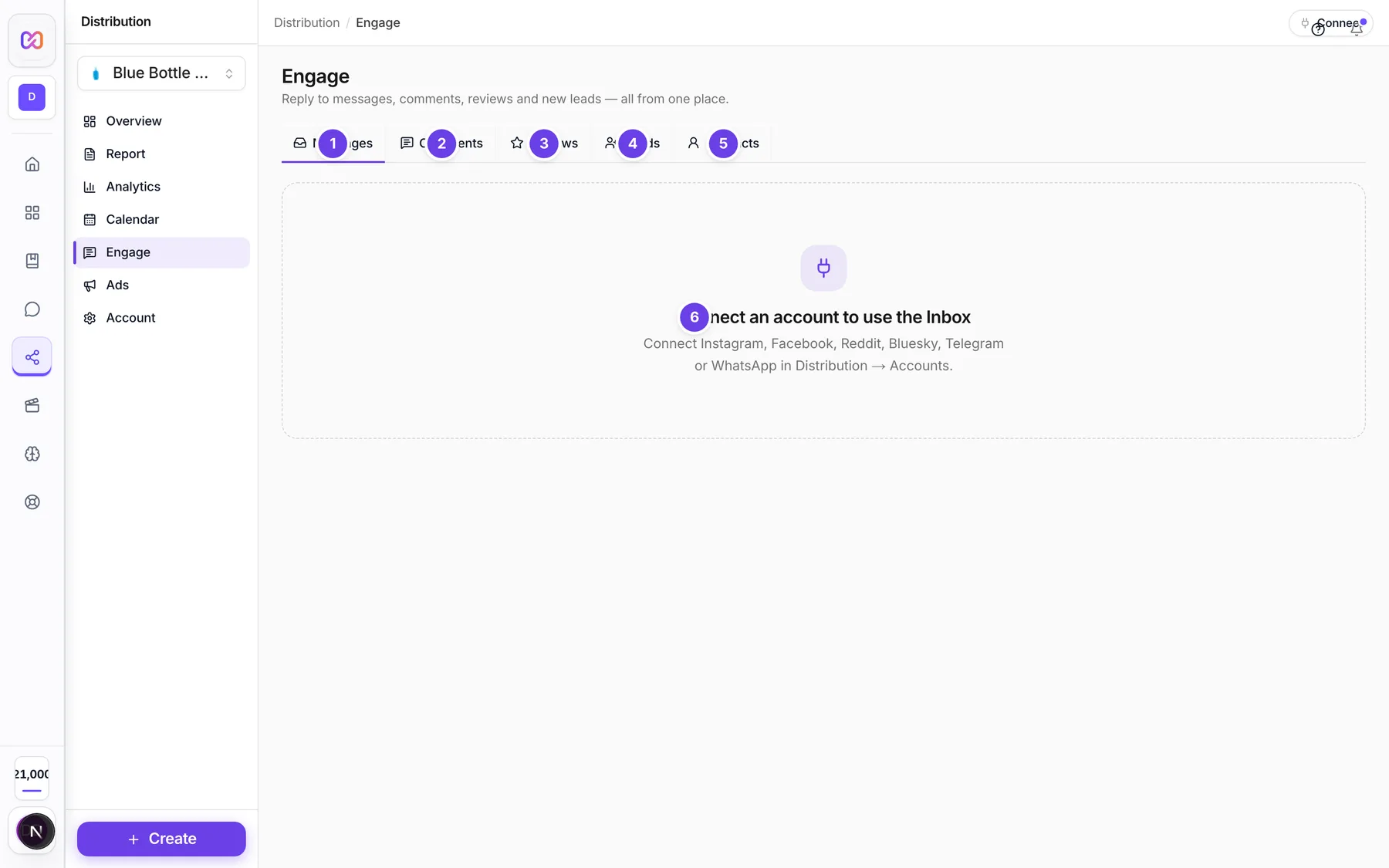 The Engage screen on the Messages tab with the tab bar and the prompt to connect an account to use the Inbox