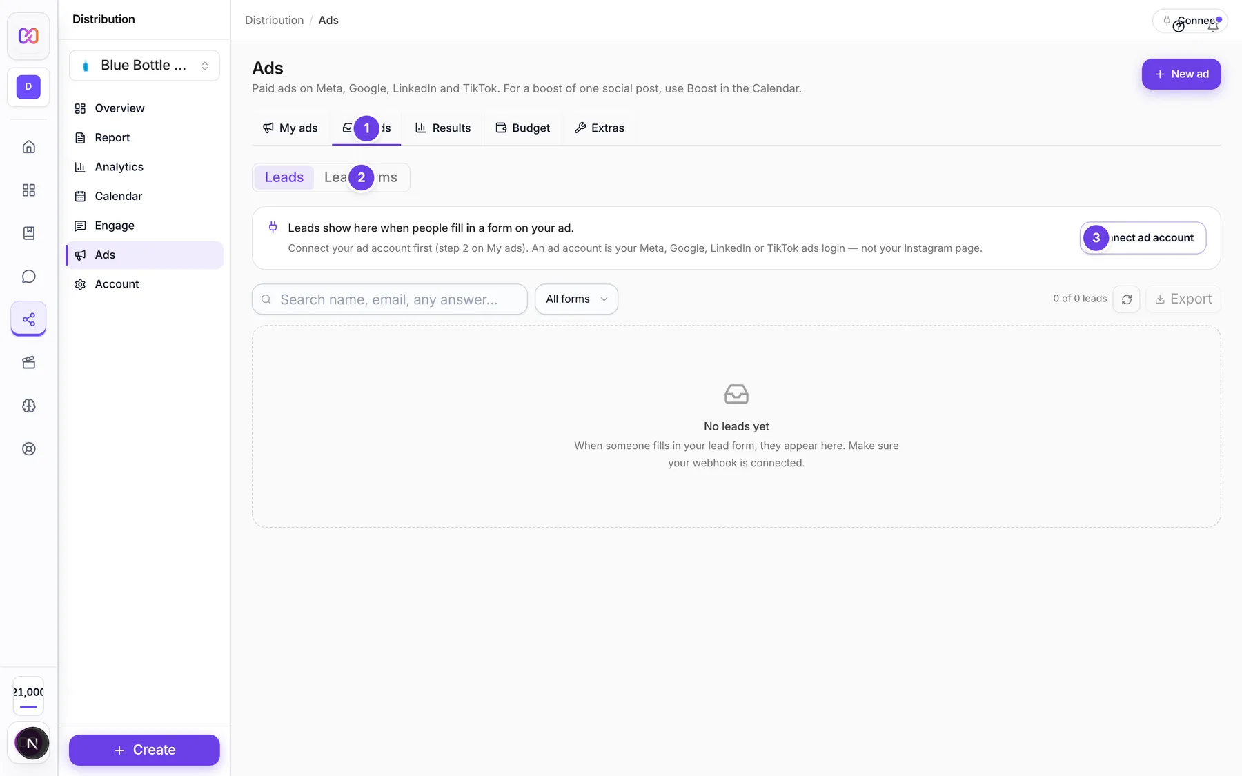 The Leads tab in Ads with the Leads and Lead forms switch and a prompt to connect an ad account