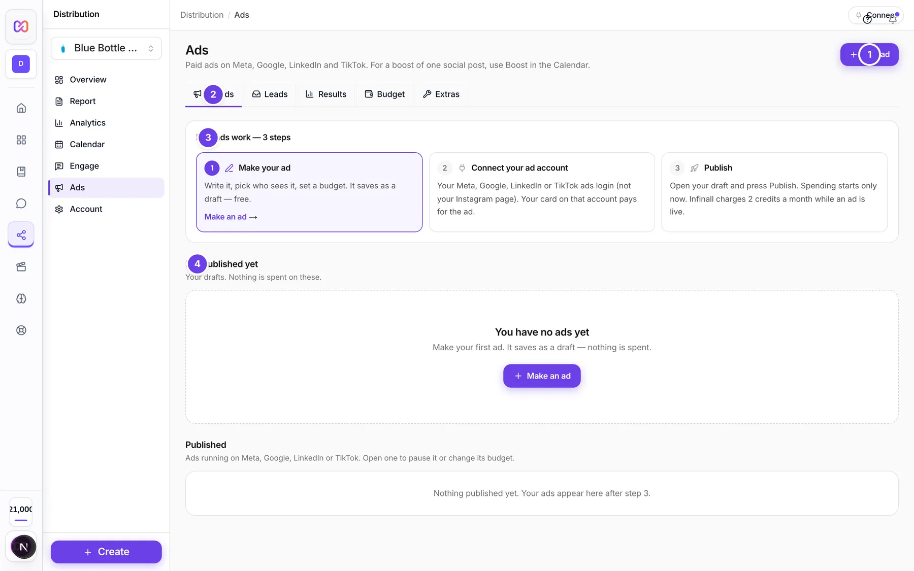 The Ads page on the My ads tab with the New ad button, the How ads work guide and the empty list of drafts