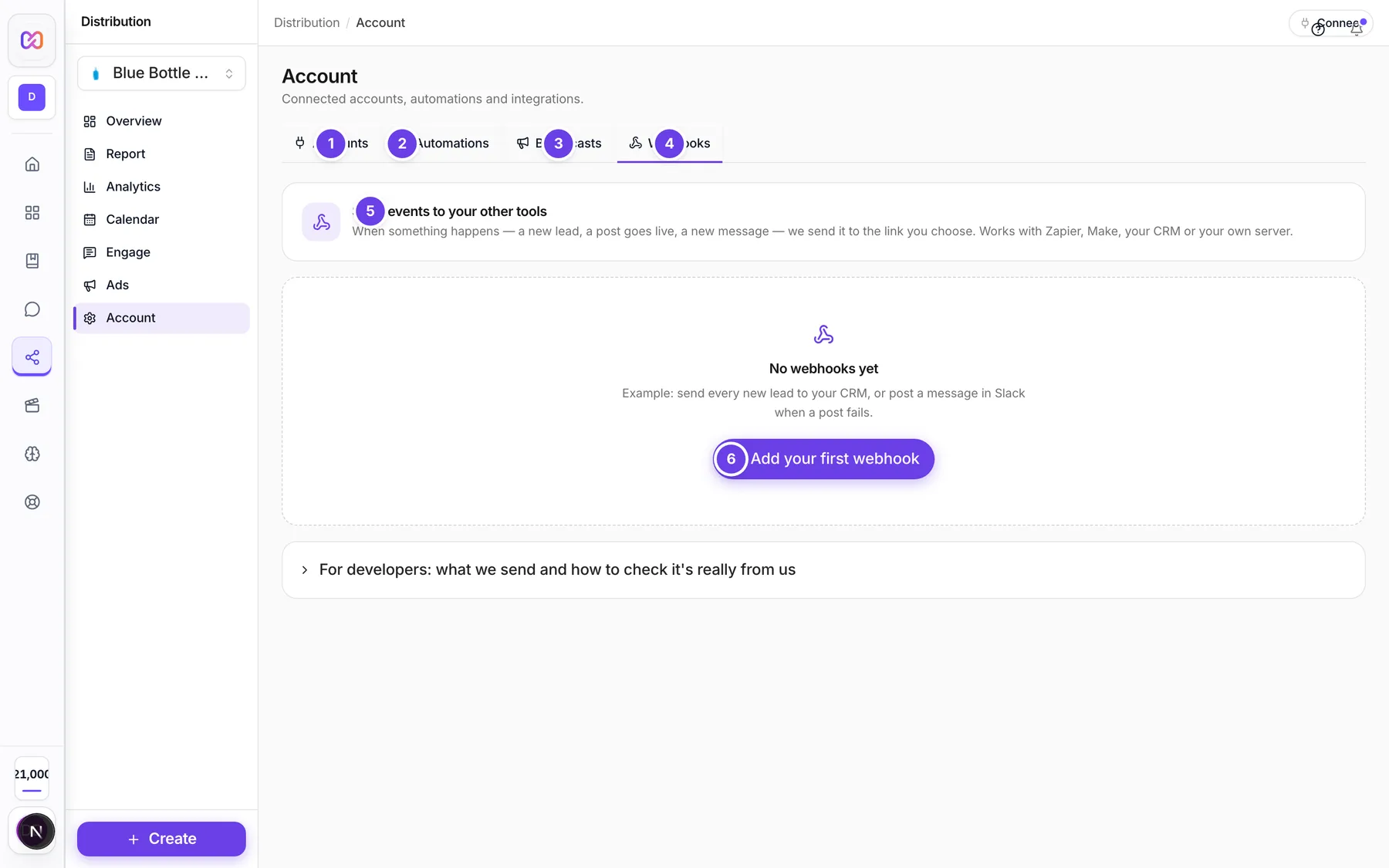 Account > Webhooks with the empty state and the Add your first webhook button