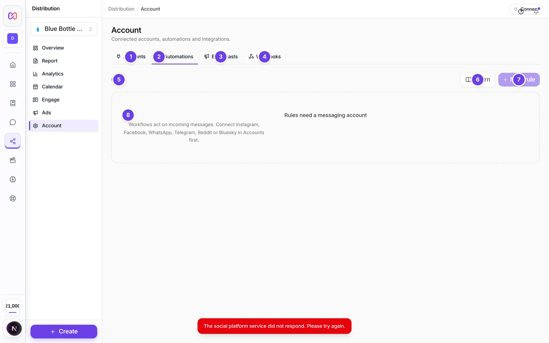The Automations tab inside Account with the tab bar, a rule count of 0, the Learn and New rule buttons and the message that rules need a messaging account