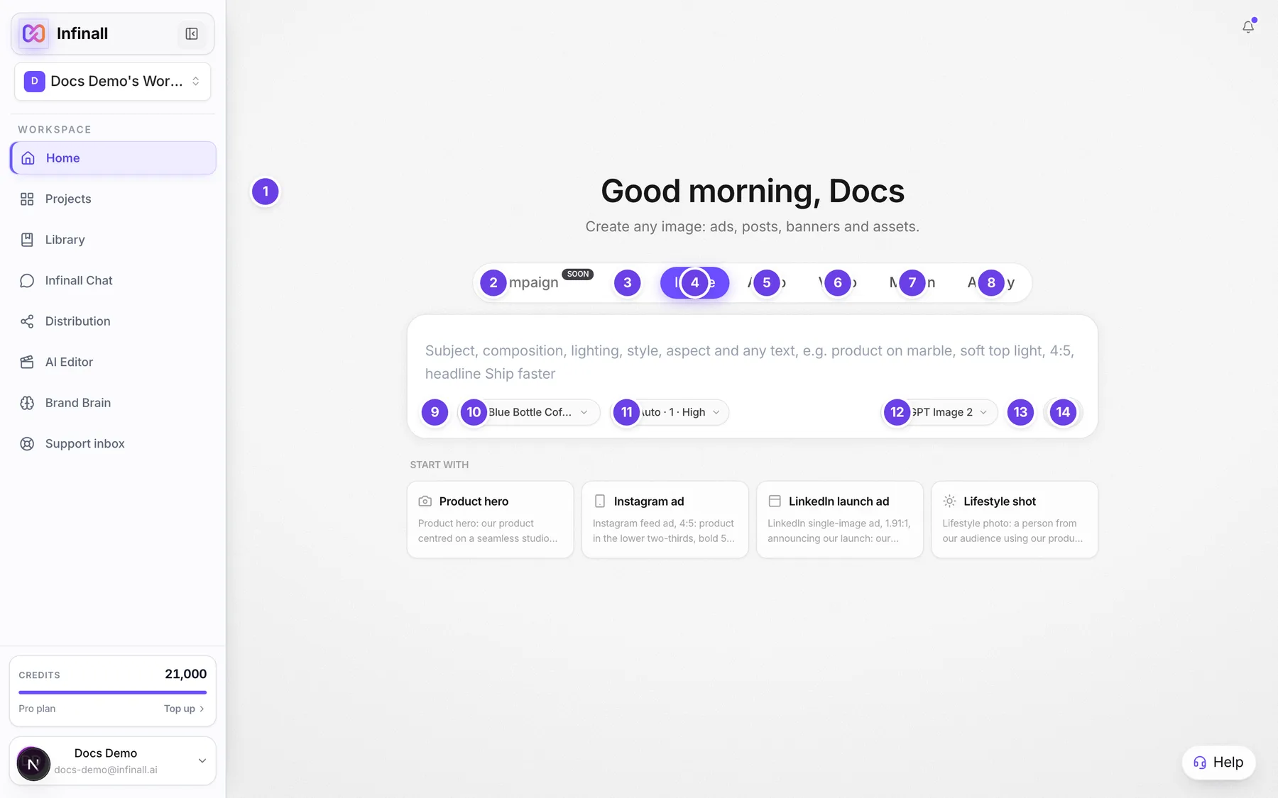 The Home screen with the greeting, mode tabs, prompt box and Start with cards