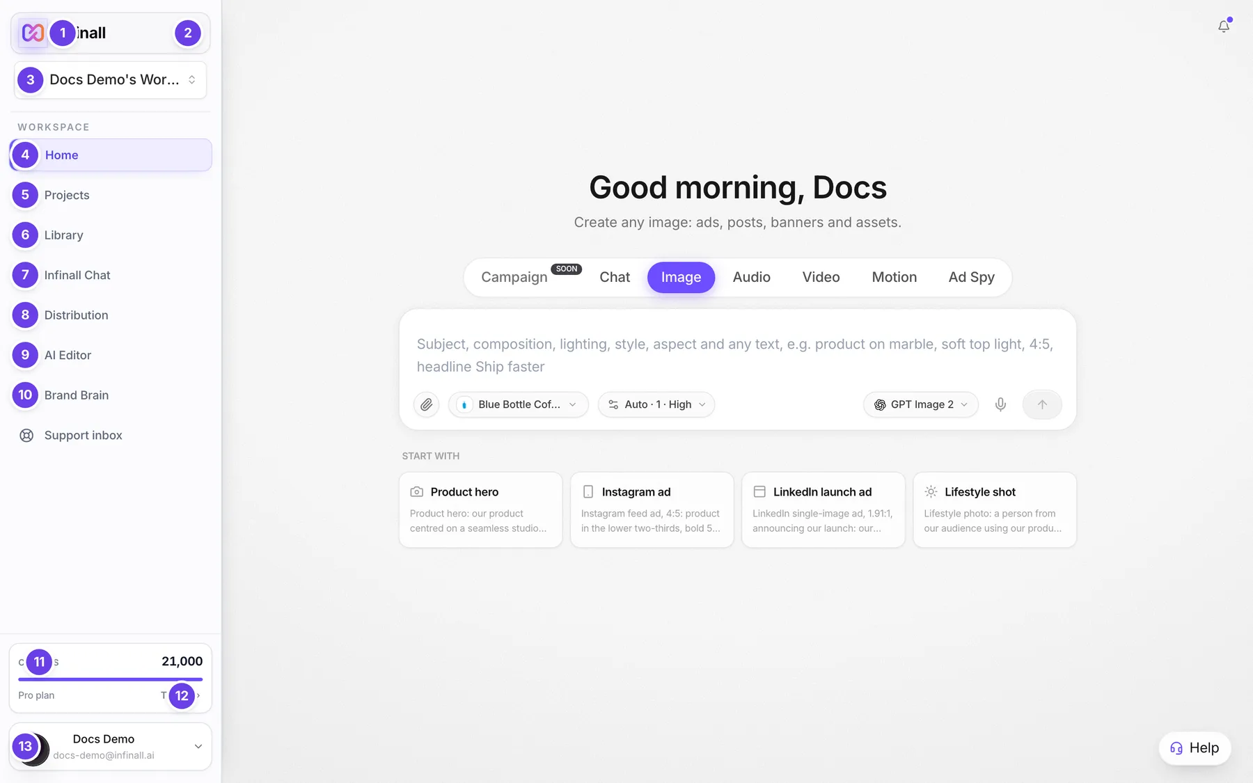 The sidebar with the workspace switcher, navigation items, credits card and account menu