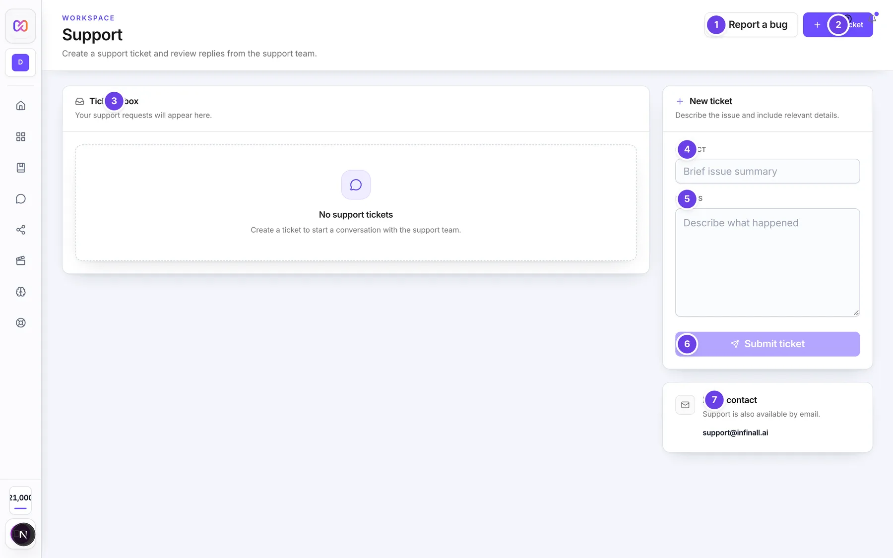 The Support page with the Report a bug and New ticket buttons, the Ticket inbox, the new ticket form and the email contact card