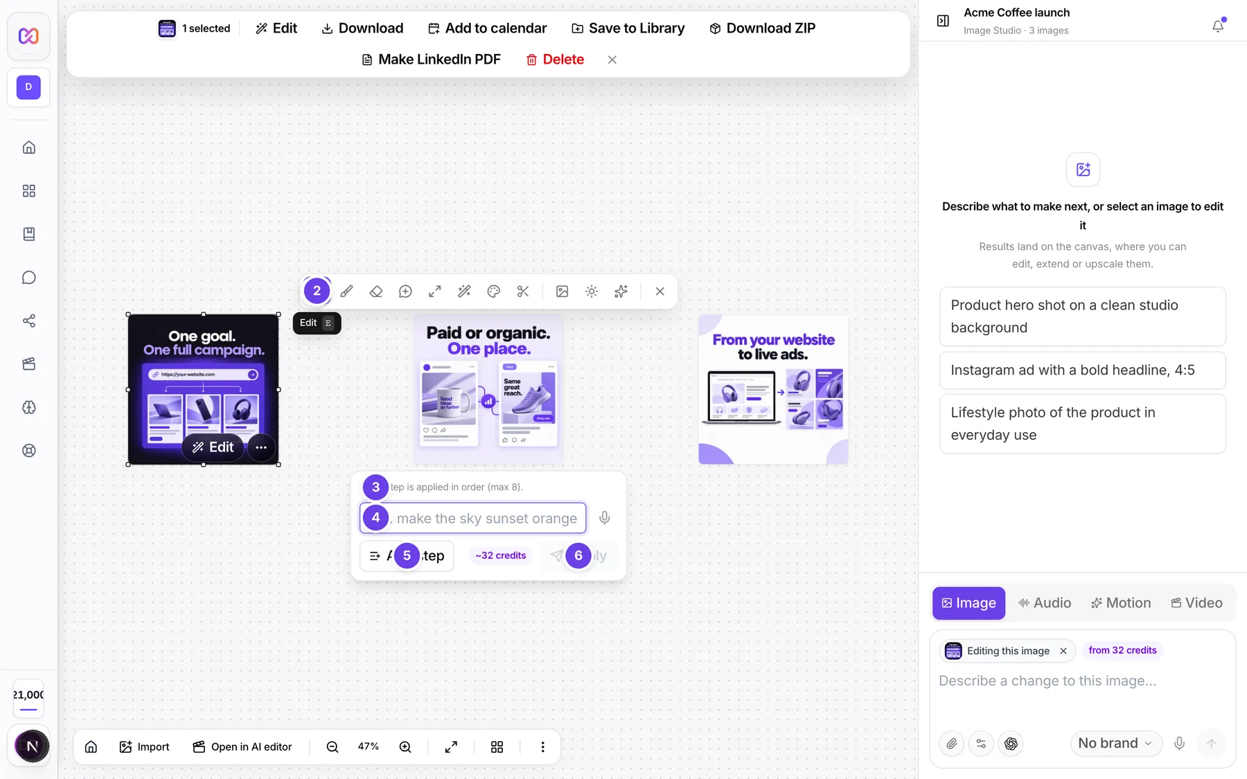 The edit toolbar under a selected image with the Edit step box, Add step and Apply.