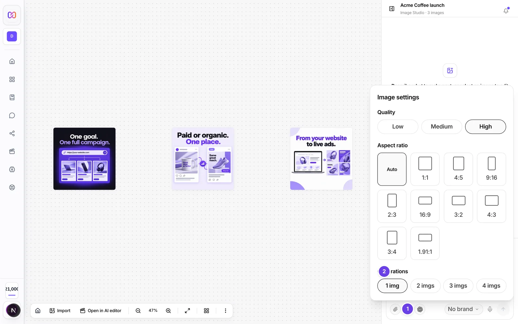 The Image settings panel with the Generations row showing 1 img, 2 imgs, 3 imgs and 4 imgs.