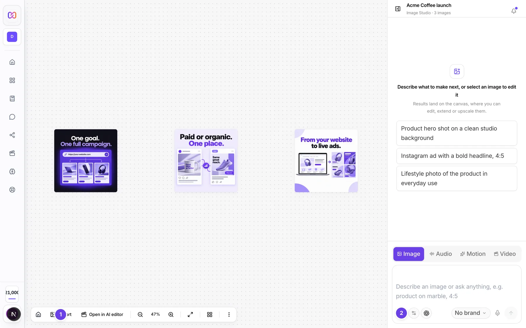 The canvas dock with Import image to canvas and the paperclip in the chat panel composer.