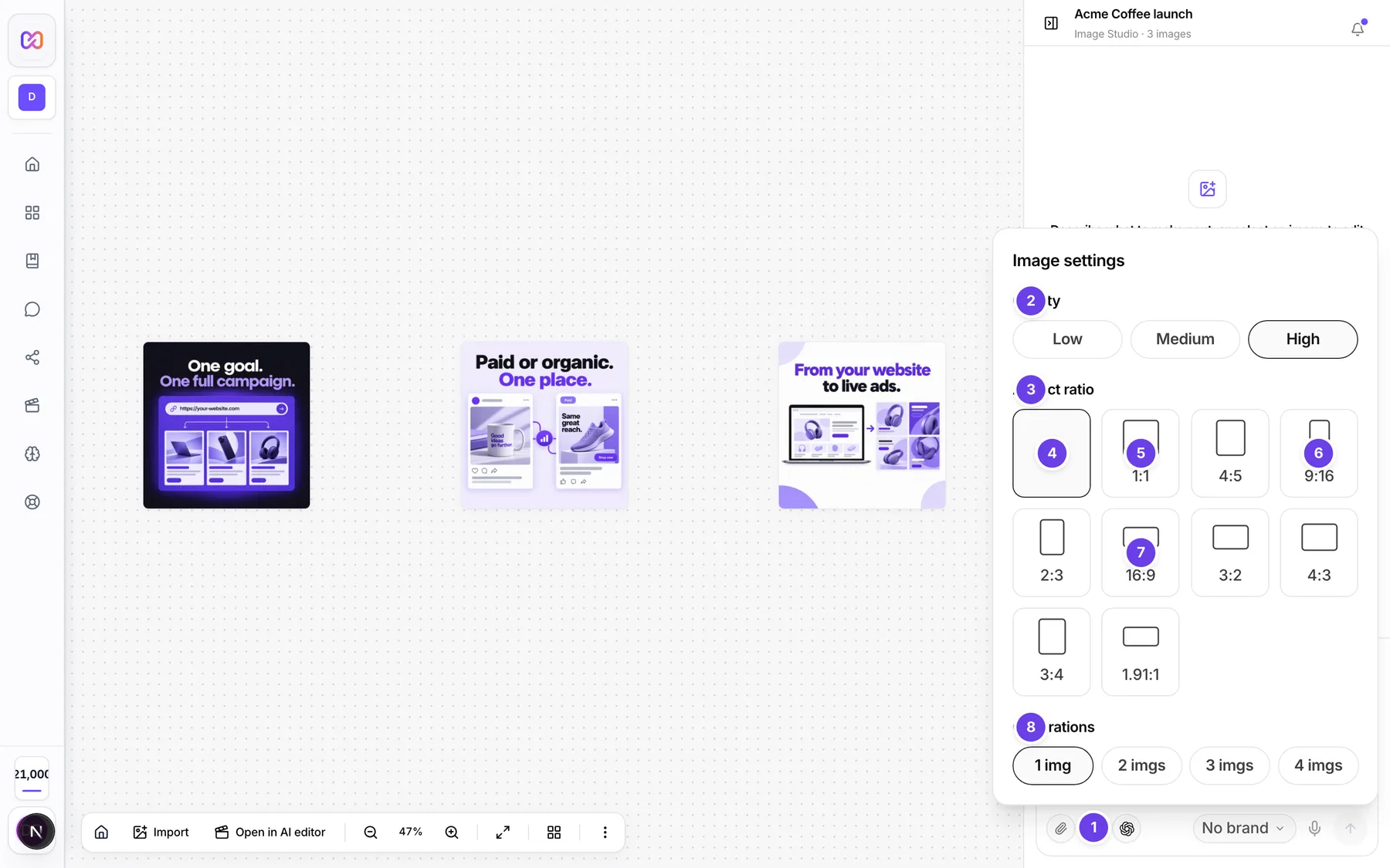The Image settings panel open with Quality, the Aspect ratio tiles and Generations.