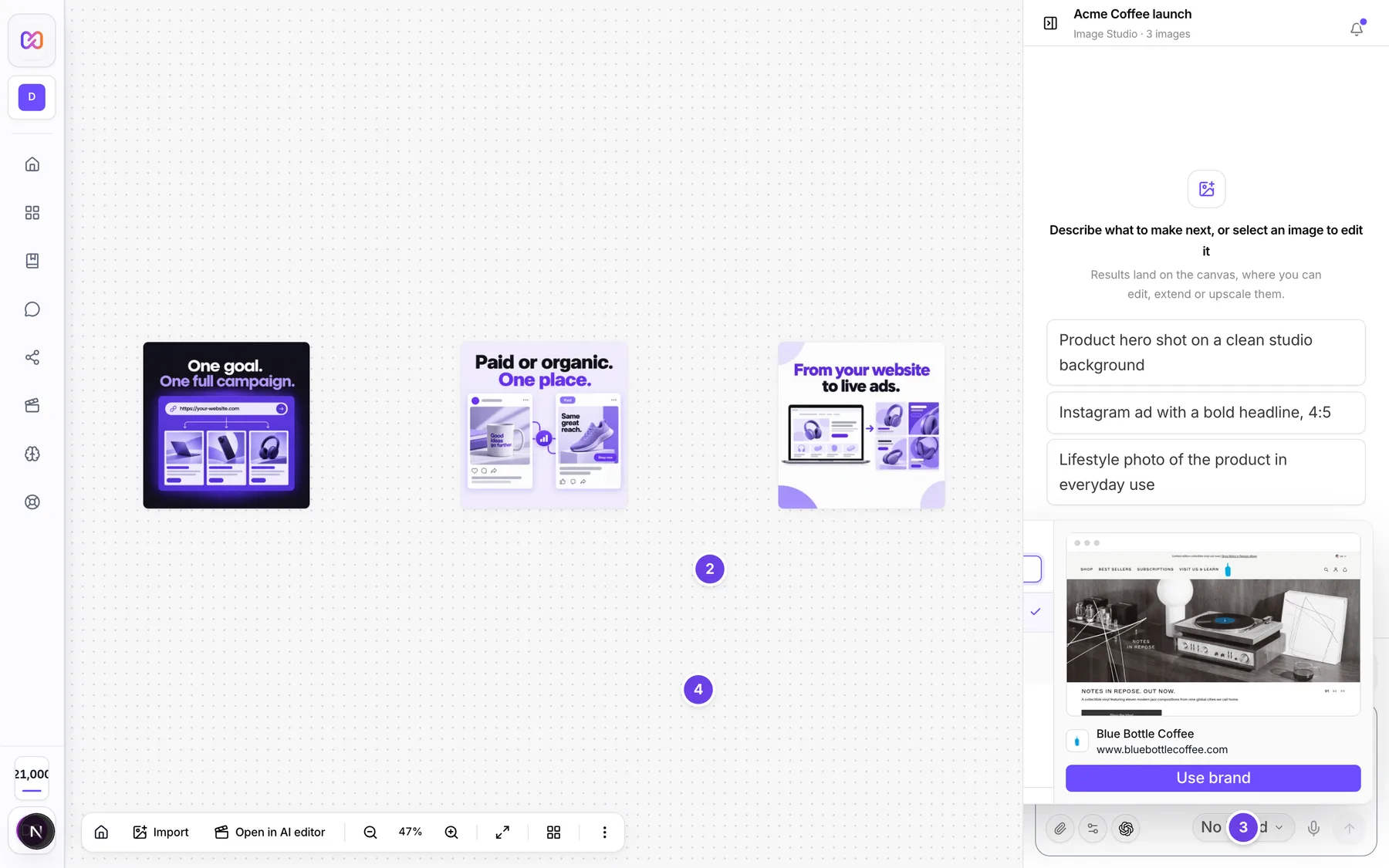 The brand picker open from the composer with the search box, No brand, the brand list, Add brand and Manage all.