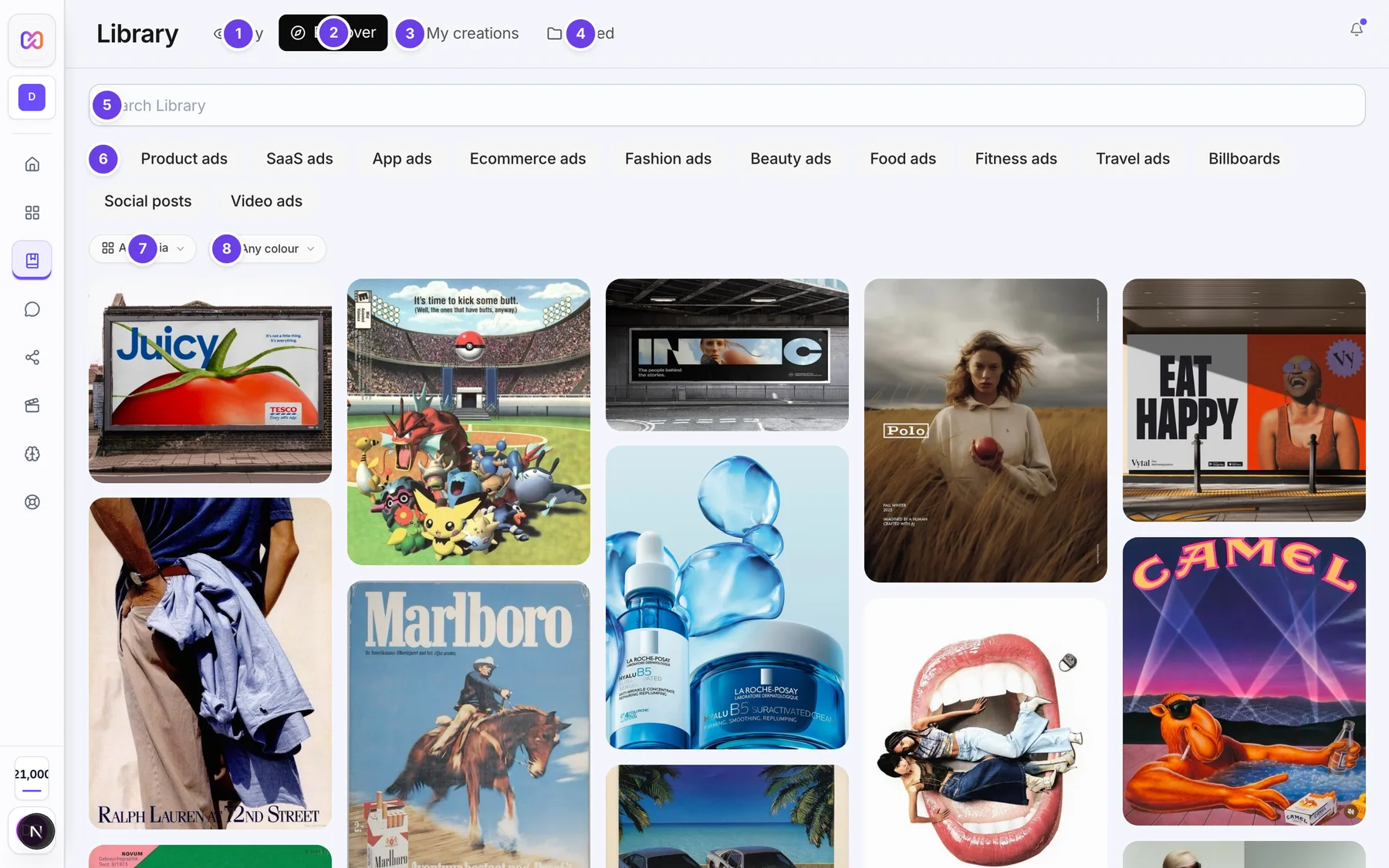The Library Discover tab with the search box, the Ideas chips, the media type and colour menus and a grid of real ads.