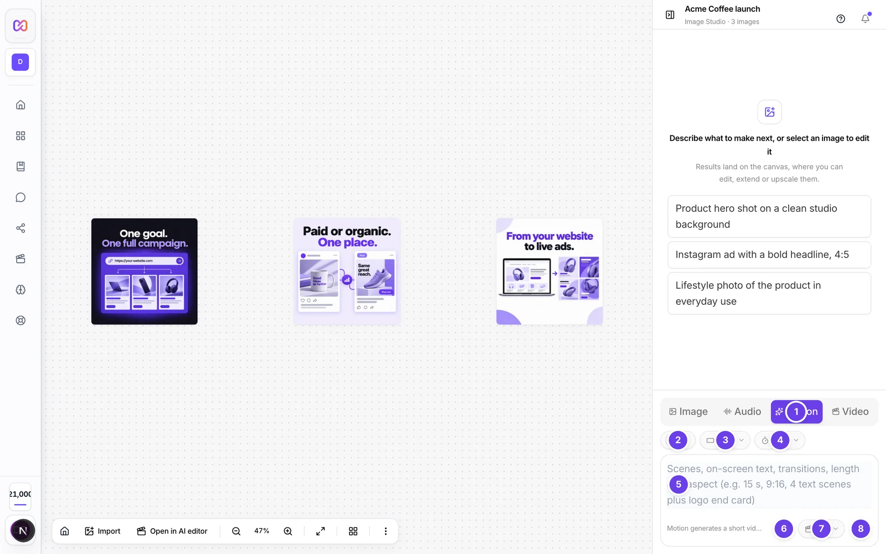 The Motion composer with the brand chip, aspect ratio and length menus, the prompt box, voice typing, the quality menu and the send button.