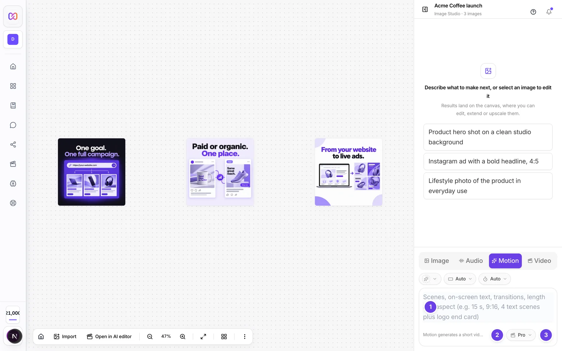 The Motion prompt box with a prompt that asks for a voiceover and music.