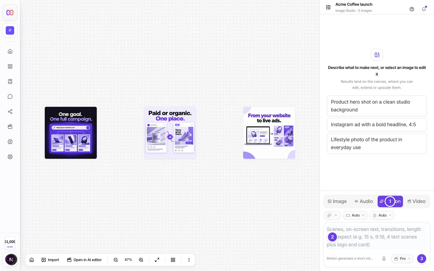 The studio chat panel with Motion chosen, the prompt box and the Generate motion video button.