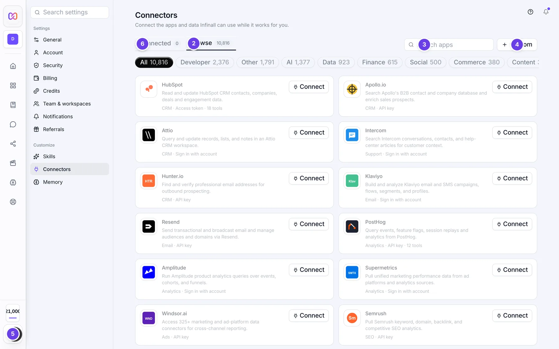Connectors settings on the Browse tab with the app directory, category chips and Connect buttons