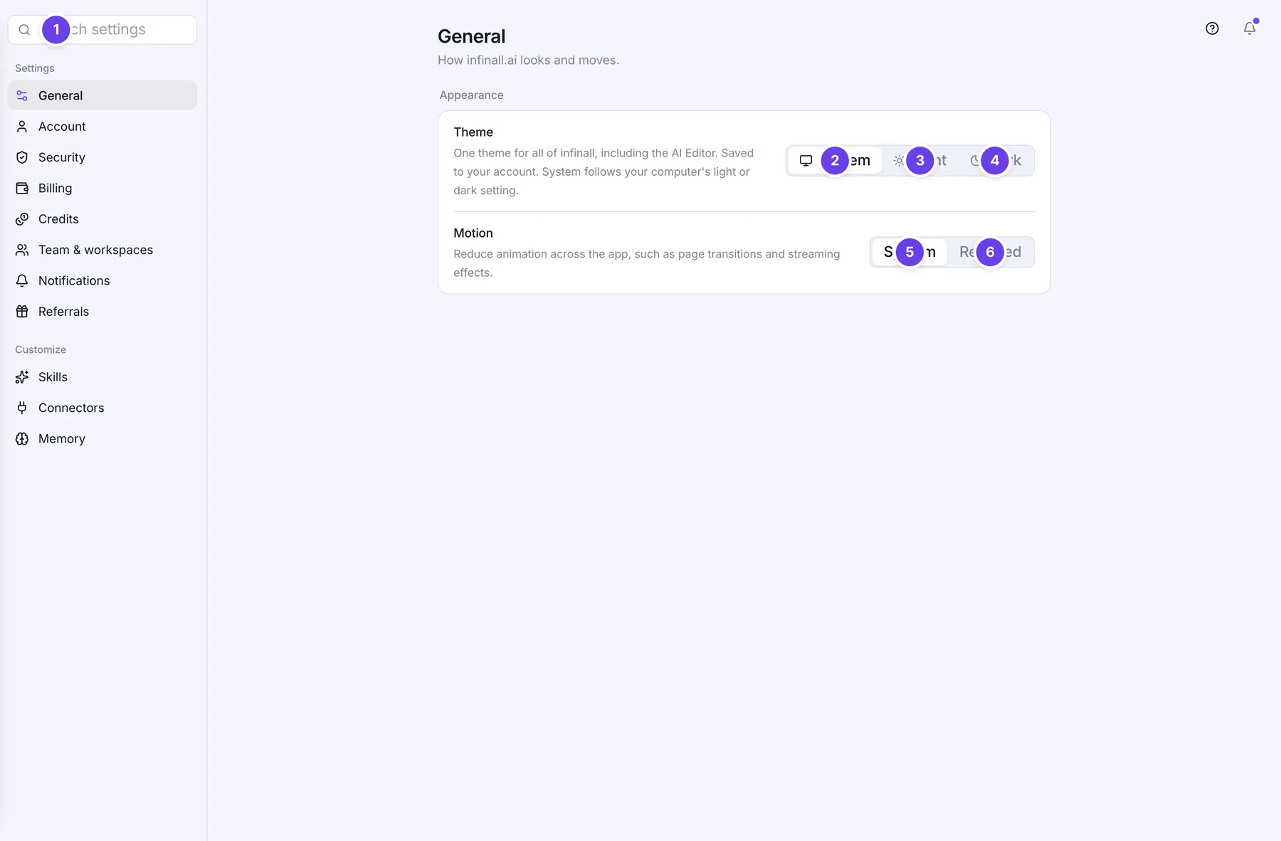General settings with the Theme and Motion switches and the Settings menu on the left