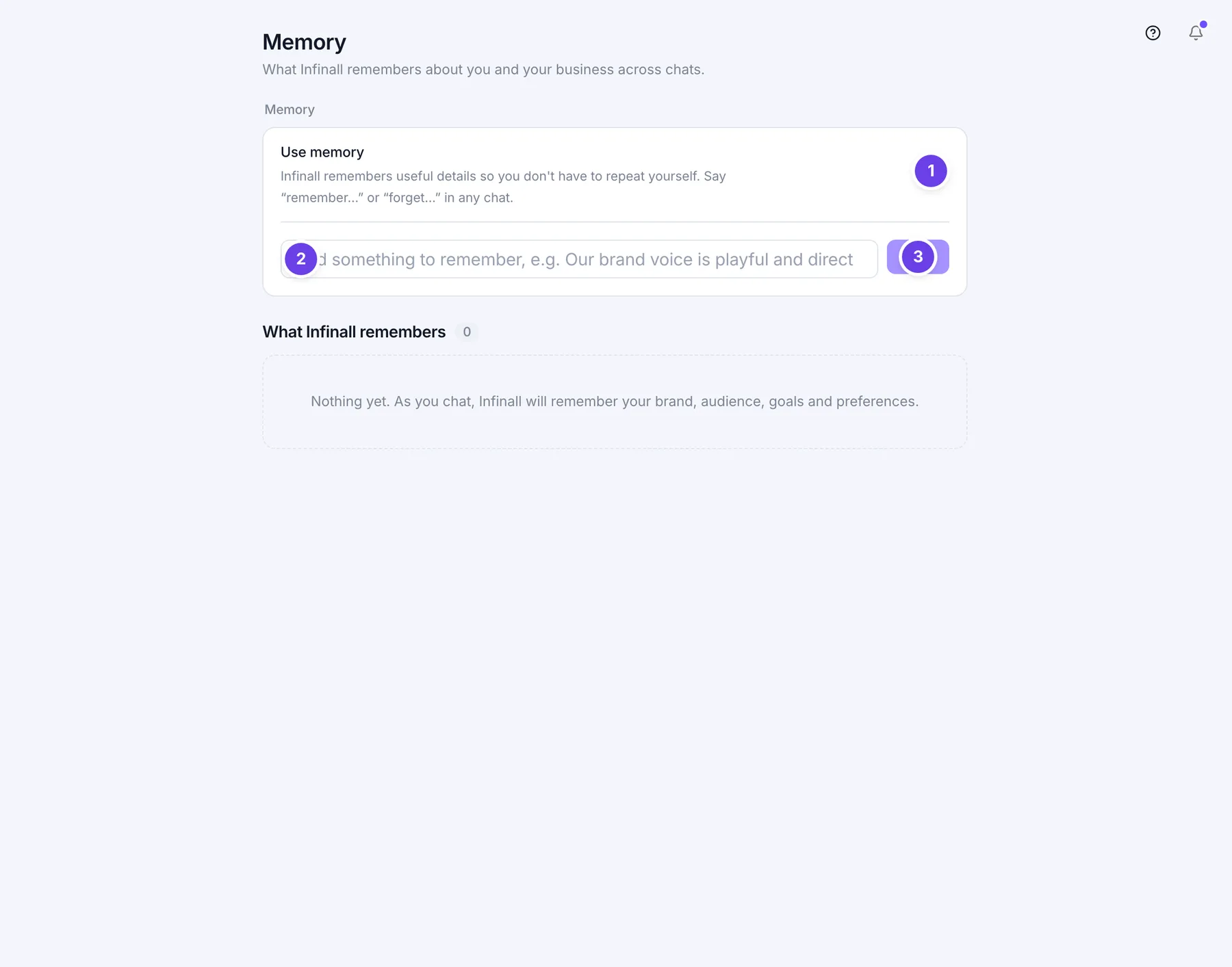Memory screen in Settings with the Use memory switch, the box to add a memory and the list of what Infinall remembers