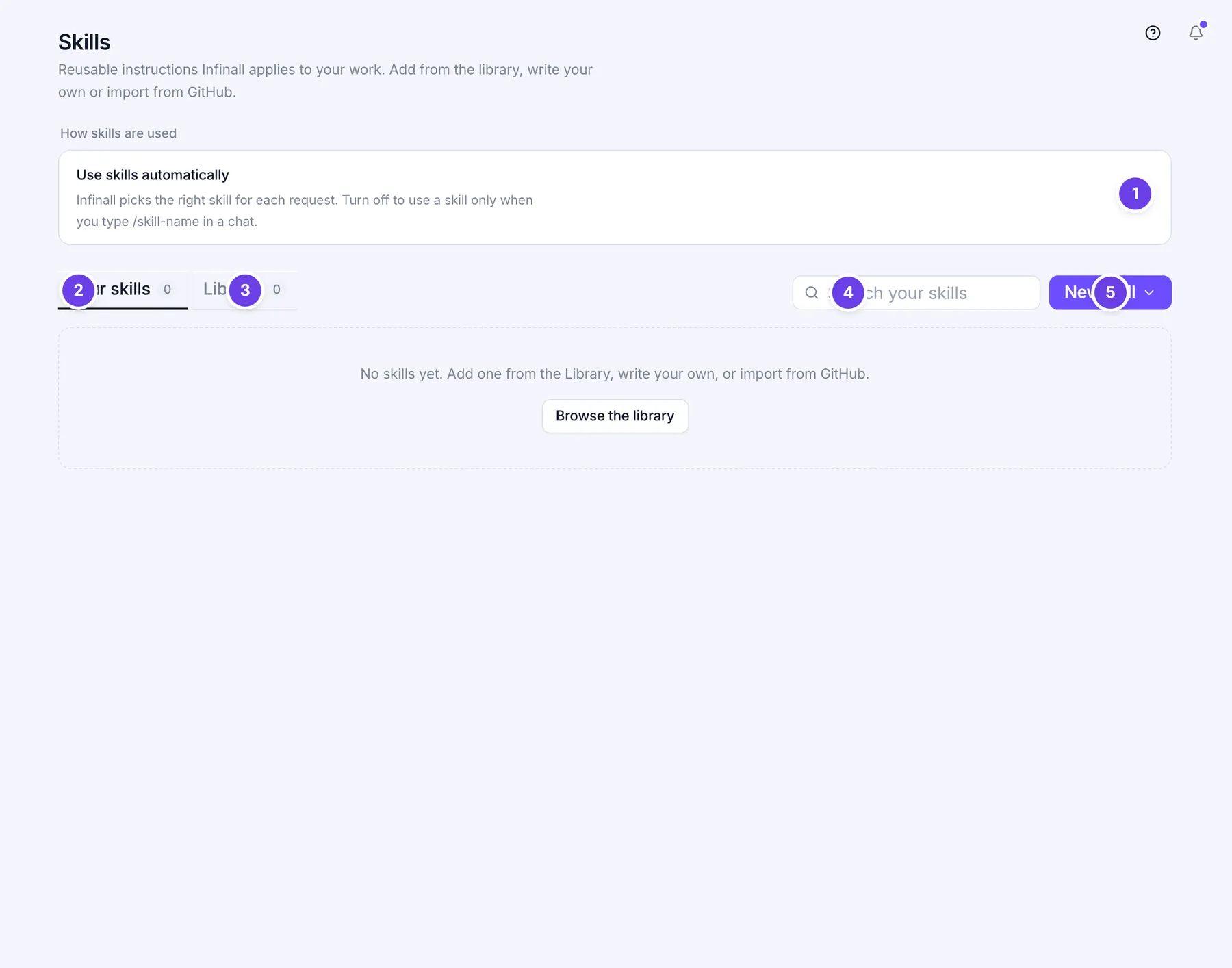 Skills screen in Settings with the Use skills automatically switch, the Your skills and Library tabs and skill cards