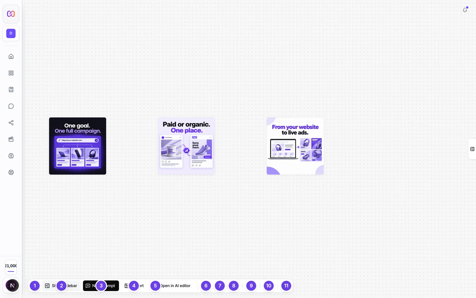 The studio canvas with the dock at the bottom left showing zoom, fit, reset layout and the canvas menu.
