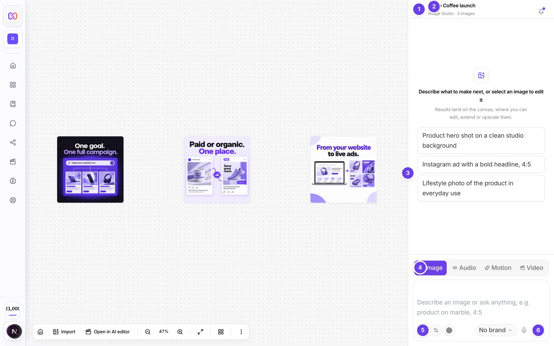 The chat panel on the right of the studio canvas with the project name, the mode switch, the prompt box and Send.