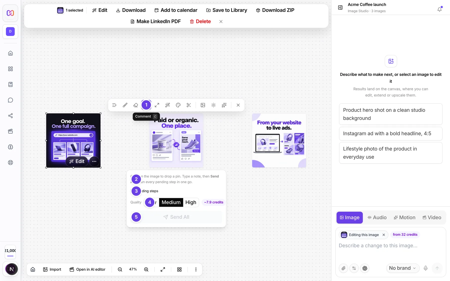 The Comment panel of the edit toolbar with pin hint, pending steps, quality choice and Send All.