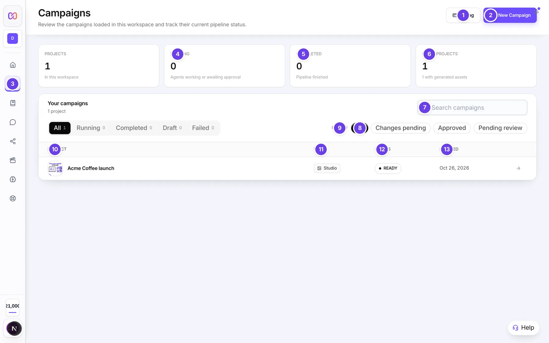 The Projects screen with the summary boxes, search, status filters, review filters and the project list.