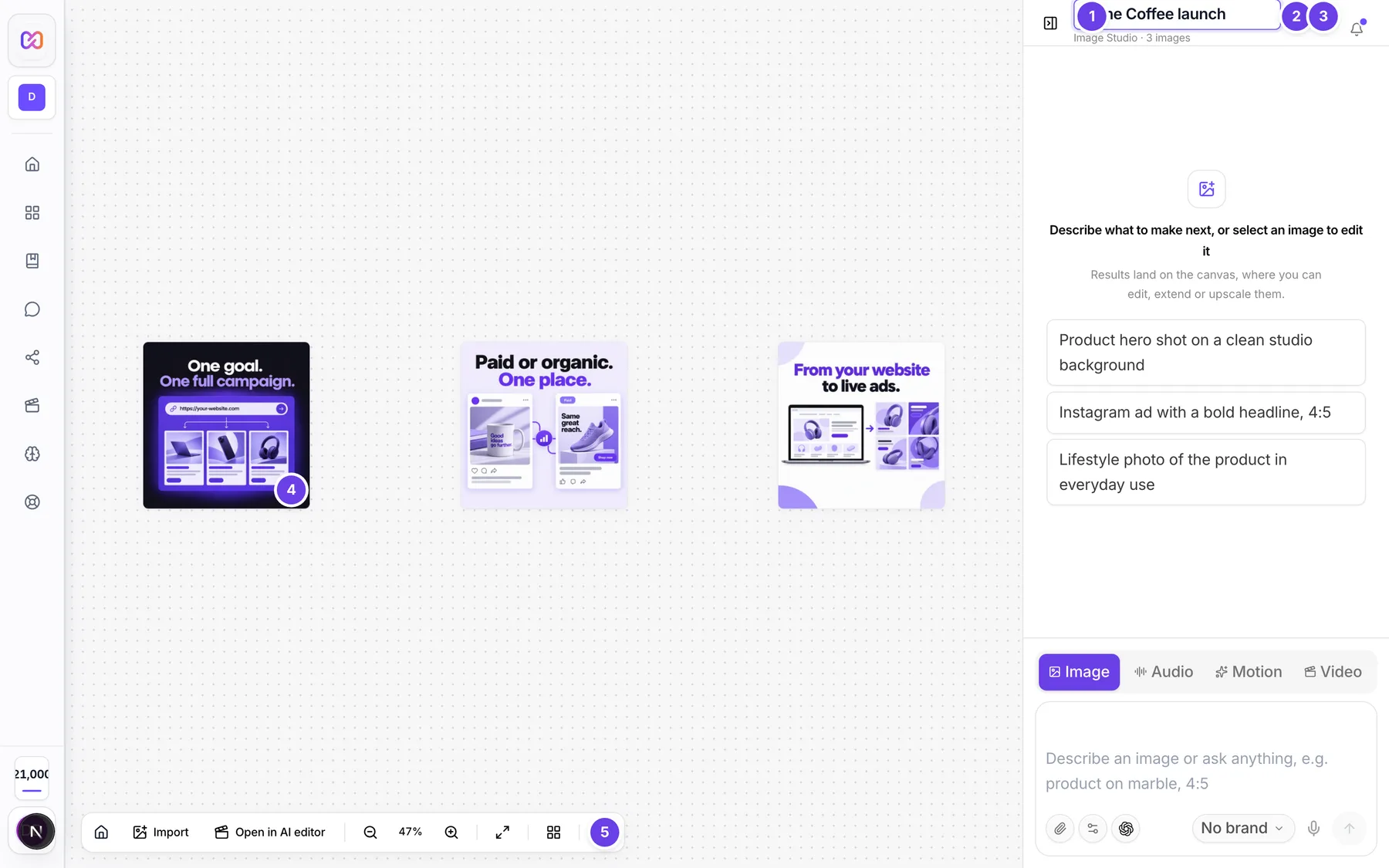 The project name being renamed in the chat panel header, and the Canvas actions menu with Delete project.