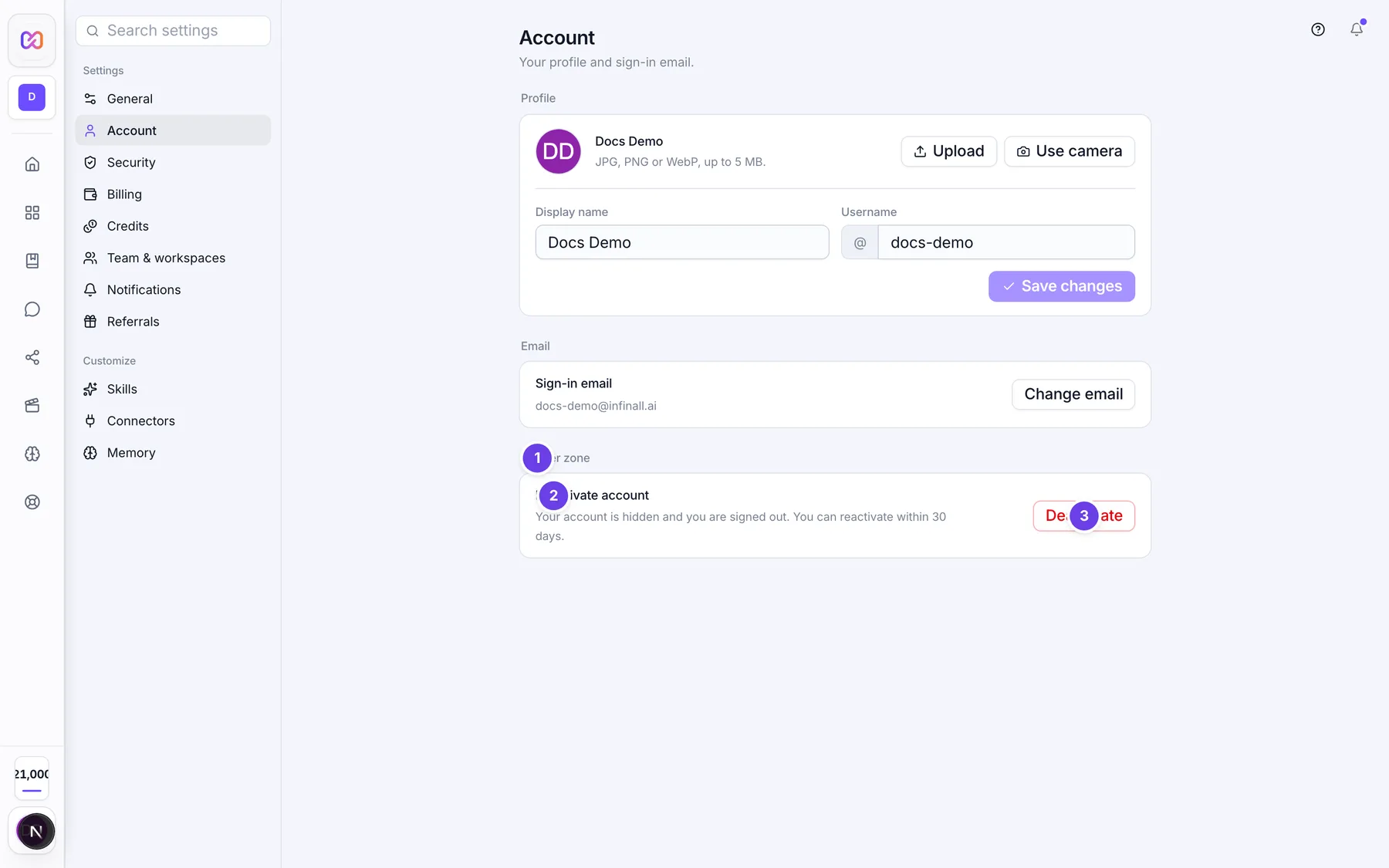 The Danger zone group at the bottom of Account settings with the Deactivate button