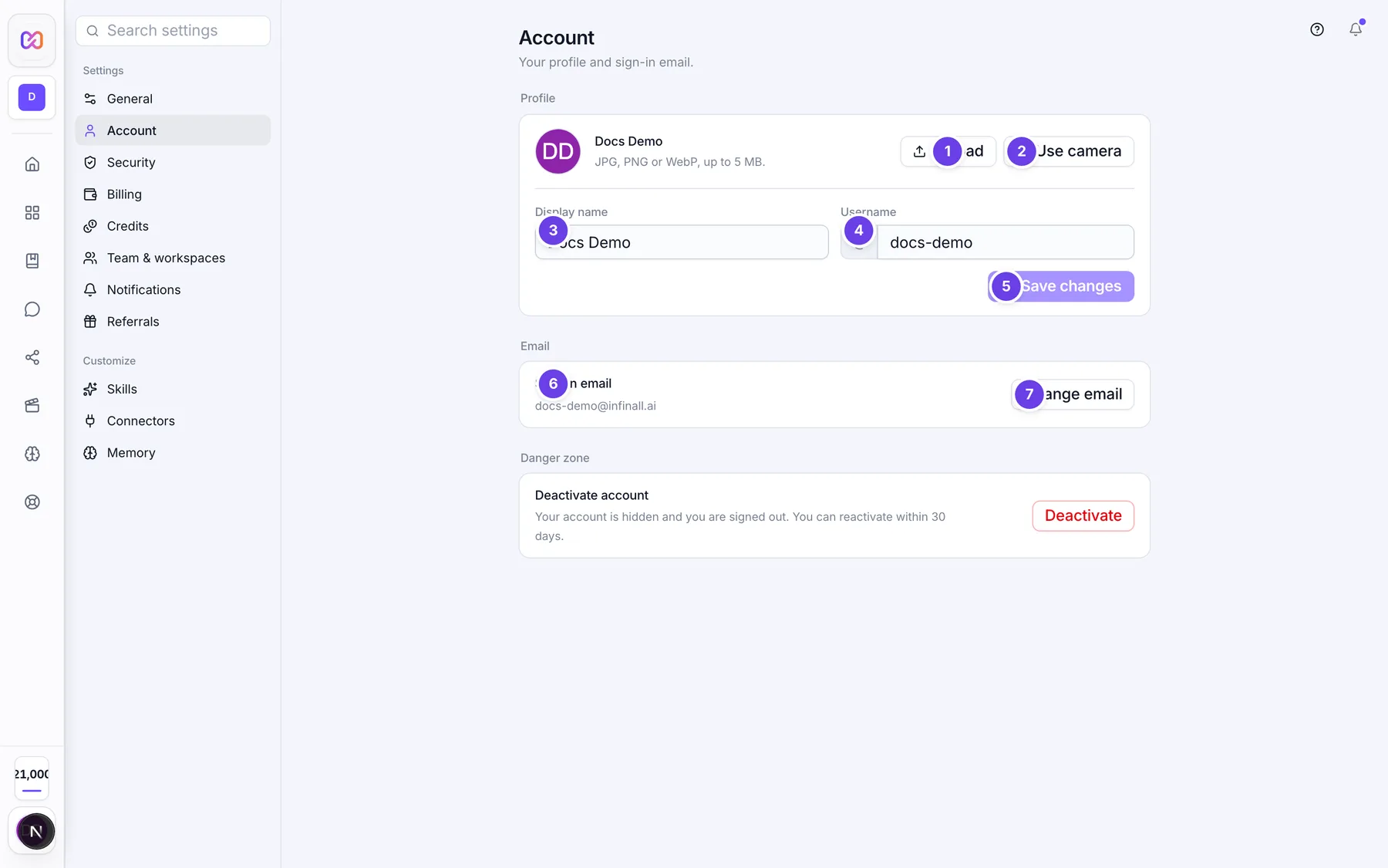 Account settings with the profile photo, display name, username and sign-in email